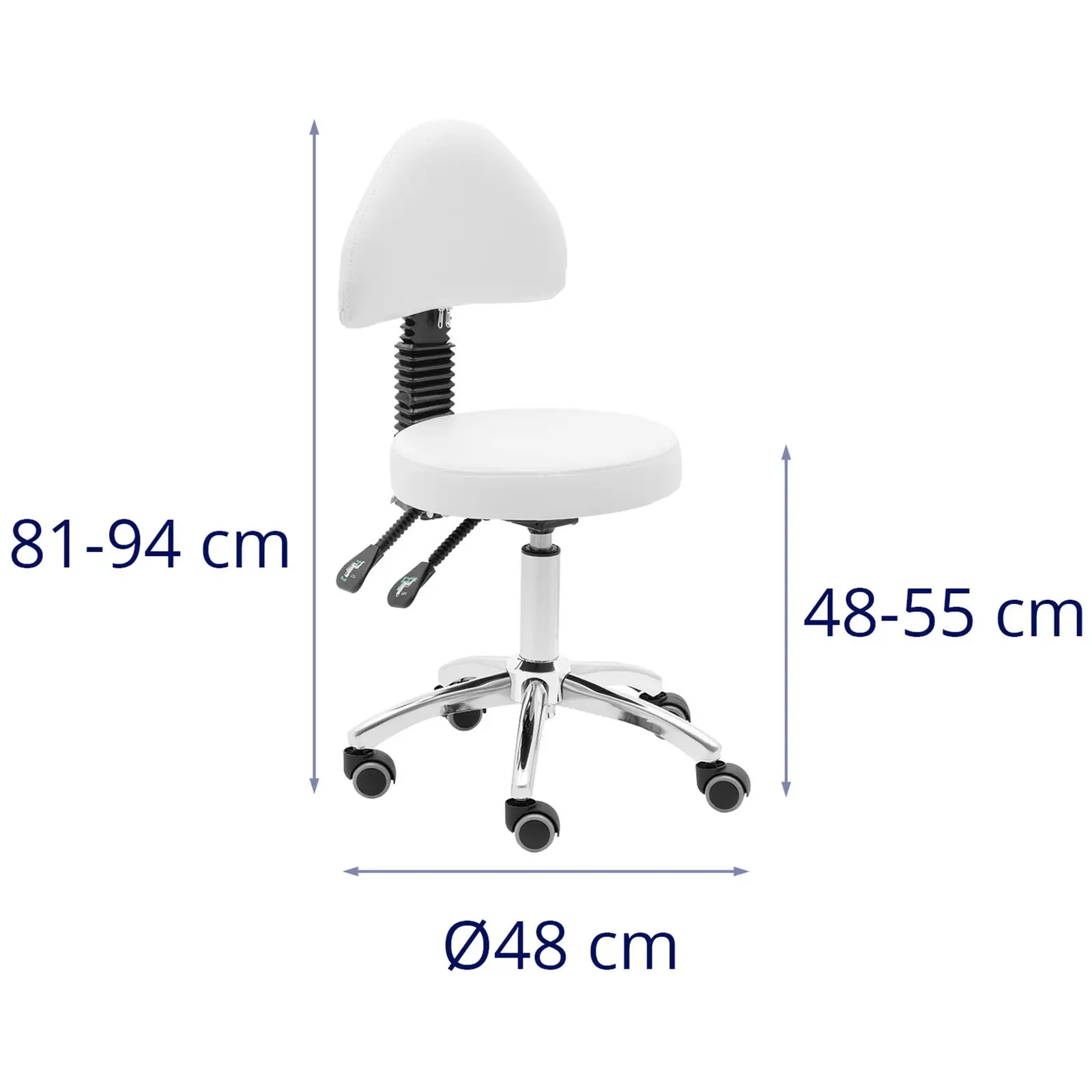 Rollhocker mit Rückenlehne - 48 - 55 cm - 150 kg  - weiß