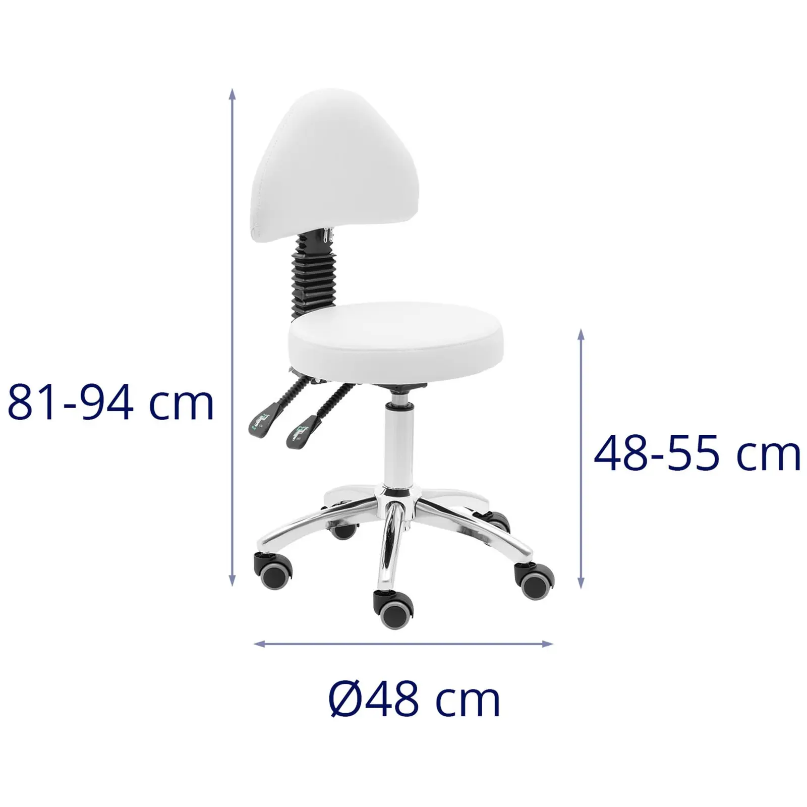 Gurulós szék háttámlával - 48–55 cm - 150 kg - fehér
