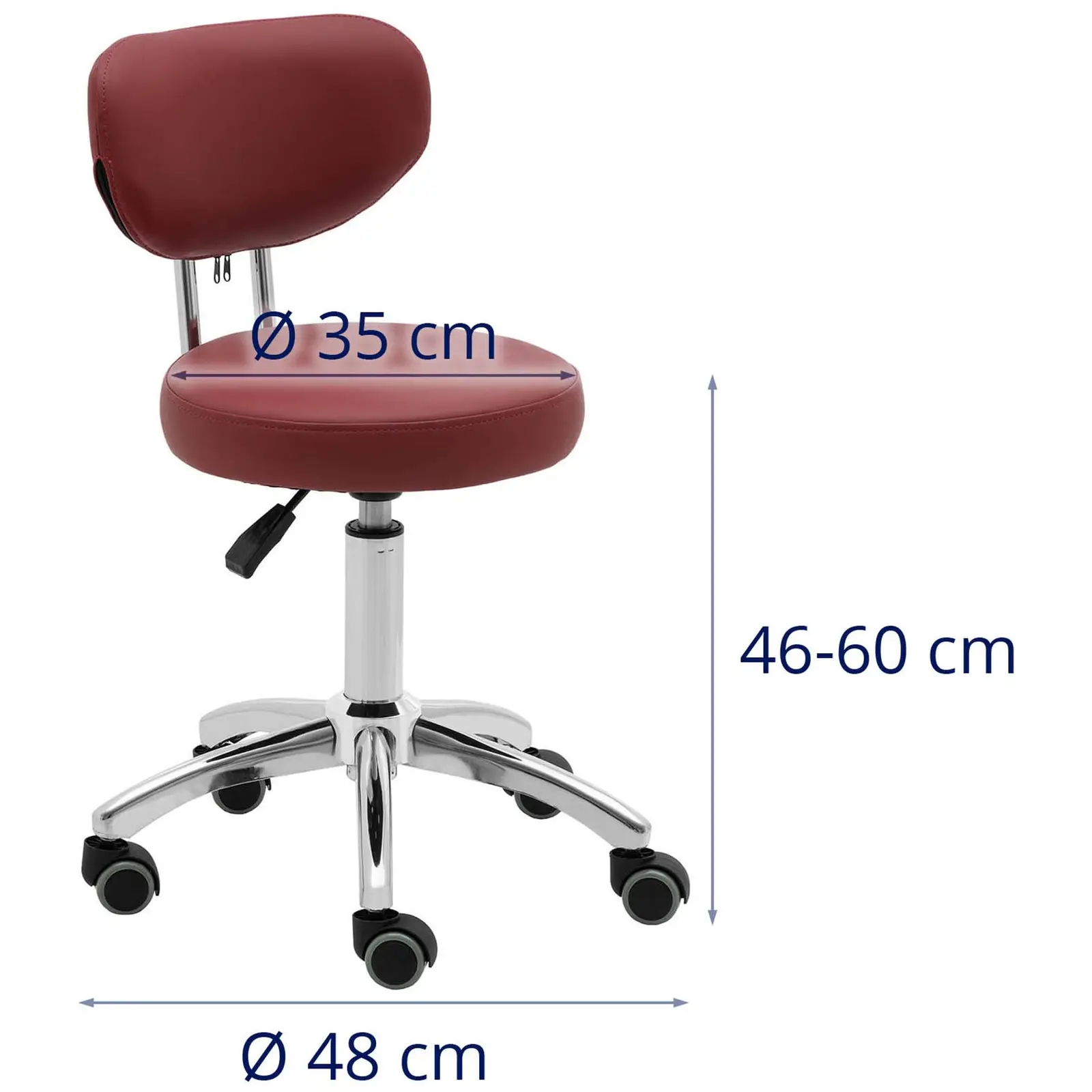 Tabouret à roulette avec dossier - 46 - 60 cm - 150 kg - Bordeaux