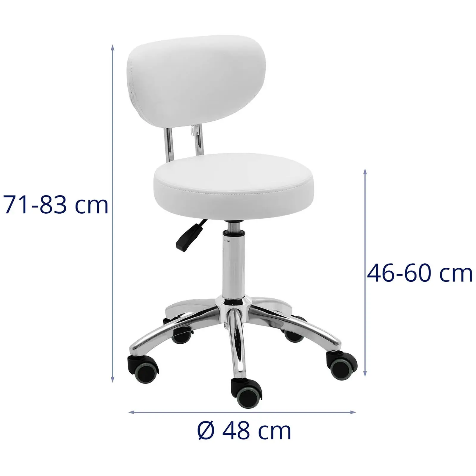 Arbejdsstol med hjul - 46 - 60 cm - 150 kg - hvid