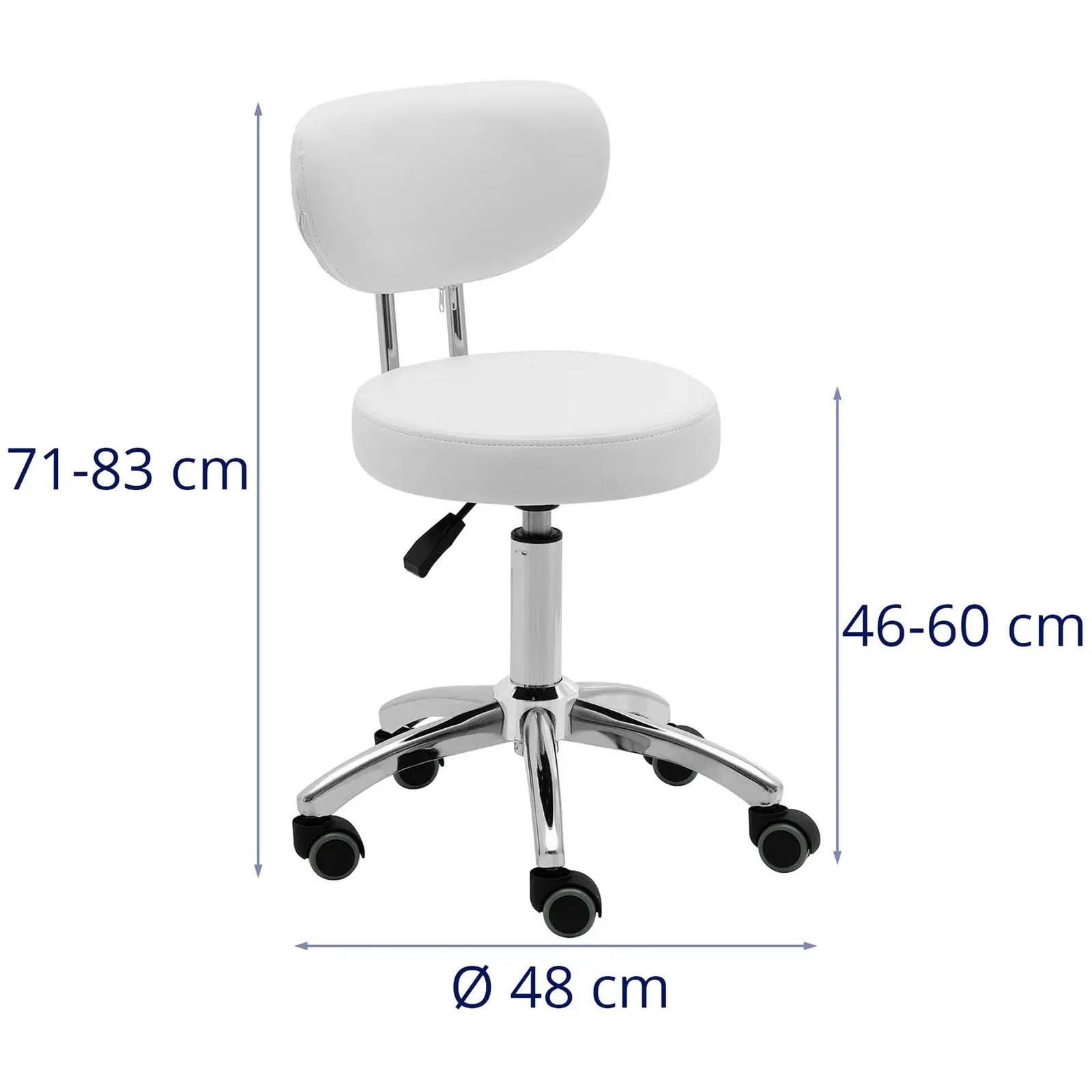 Otočná židle na kolečkách s opěradlem - 46–60 cm - 150 kg - bílá (Minimální výška sezení: 46 cm)