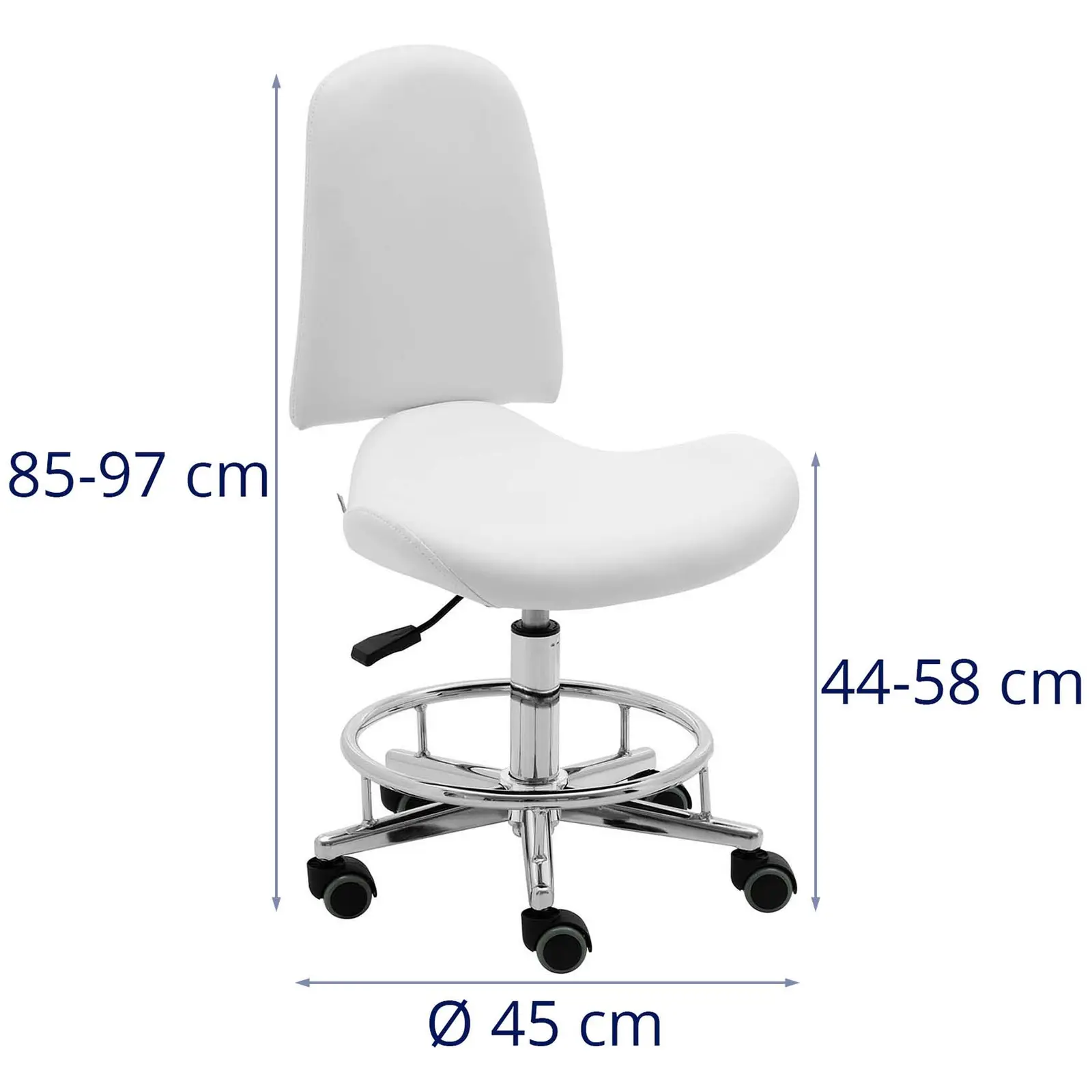 Taburete con ruedas y respaldo - 44 - 58 cm - 150 kg - blanco