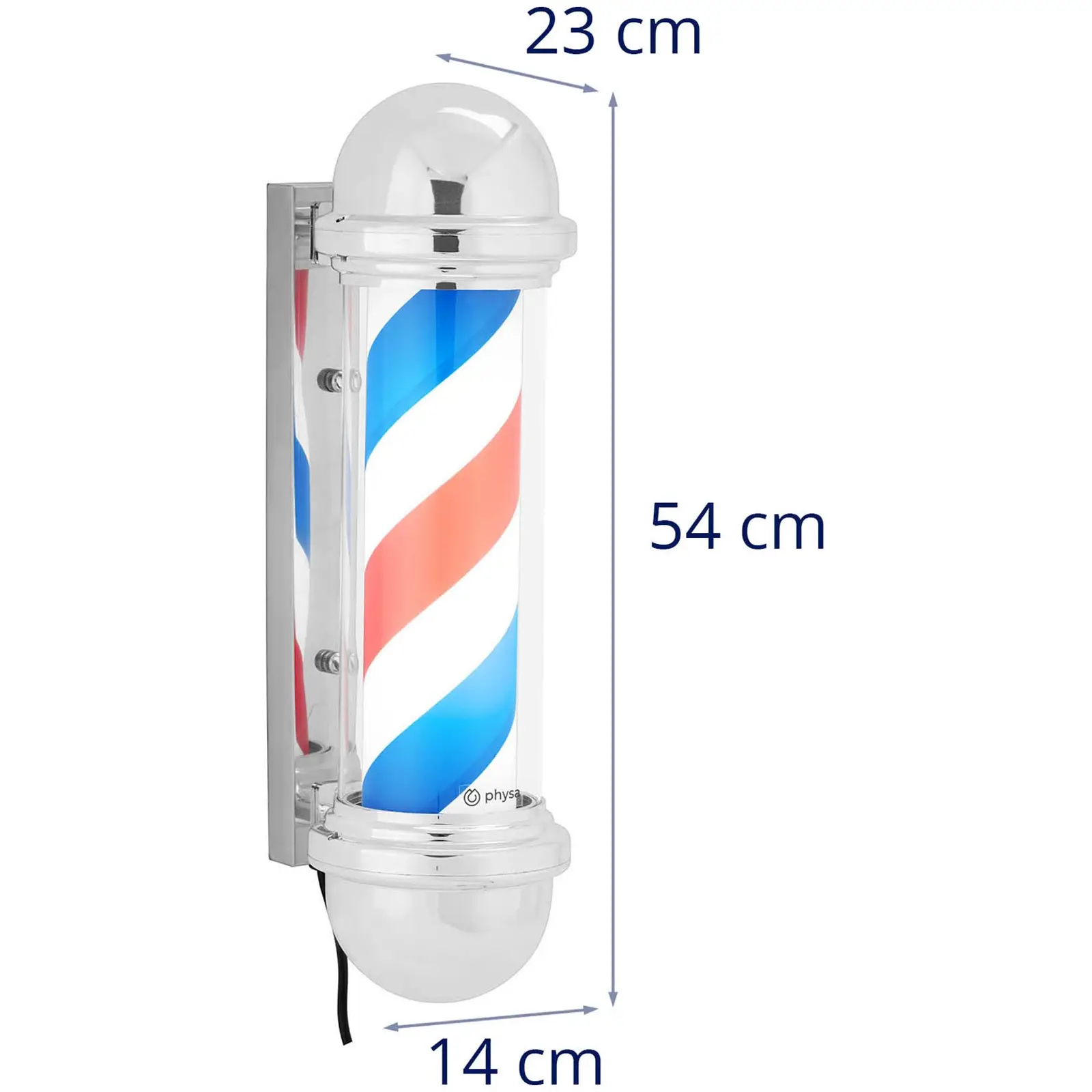 Enseigne de barbier - rotatif et éclairé - 300 mm de hauteur - 22 cm de distance au mur - support argenté