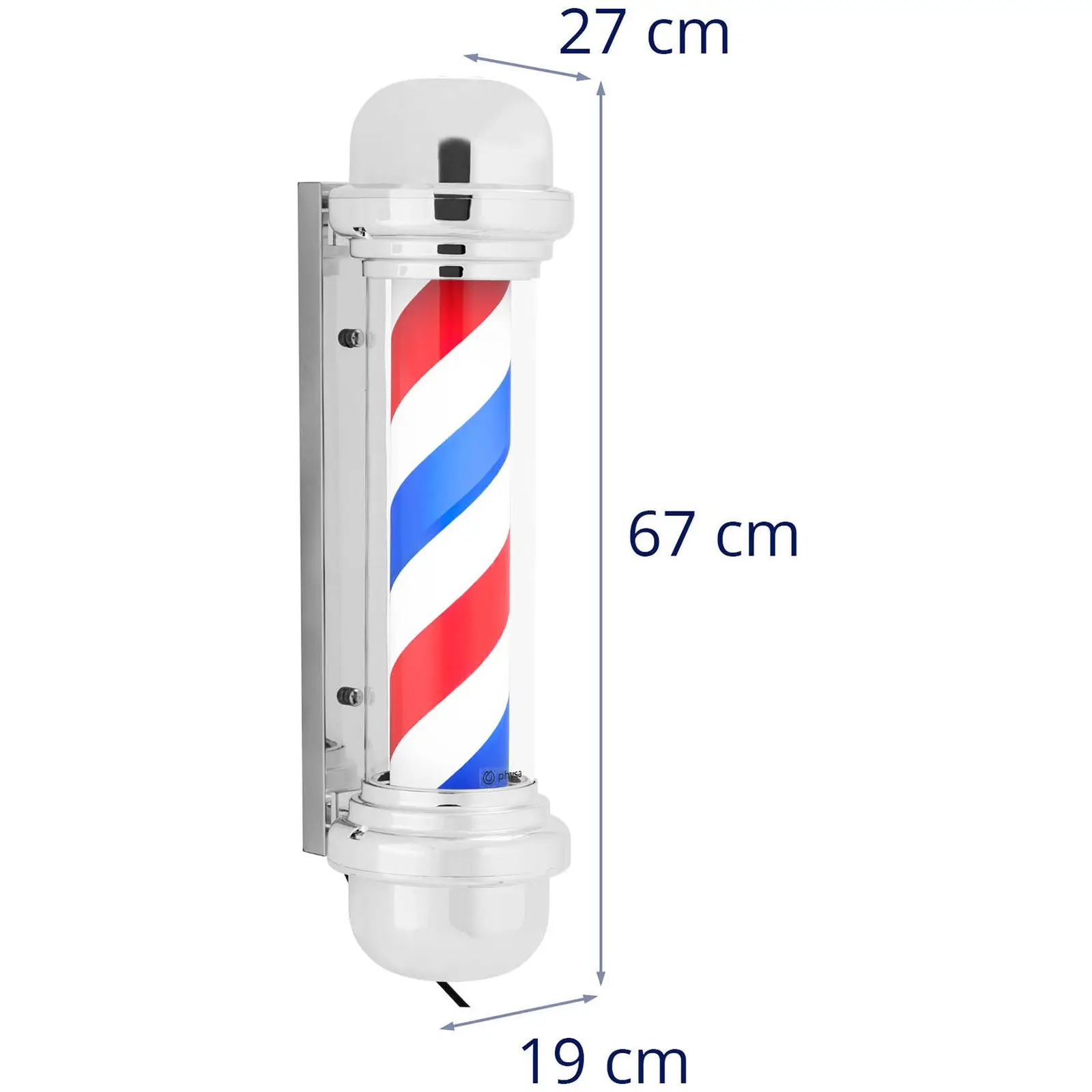 Barber pole - pyörivä ja valaistu - 380 mm korkea - 25 cm seinästä - hopeanvärinen kiinnitys