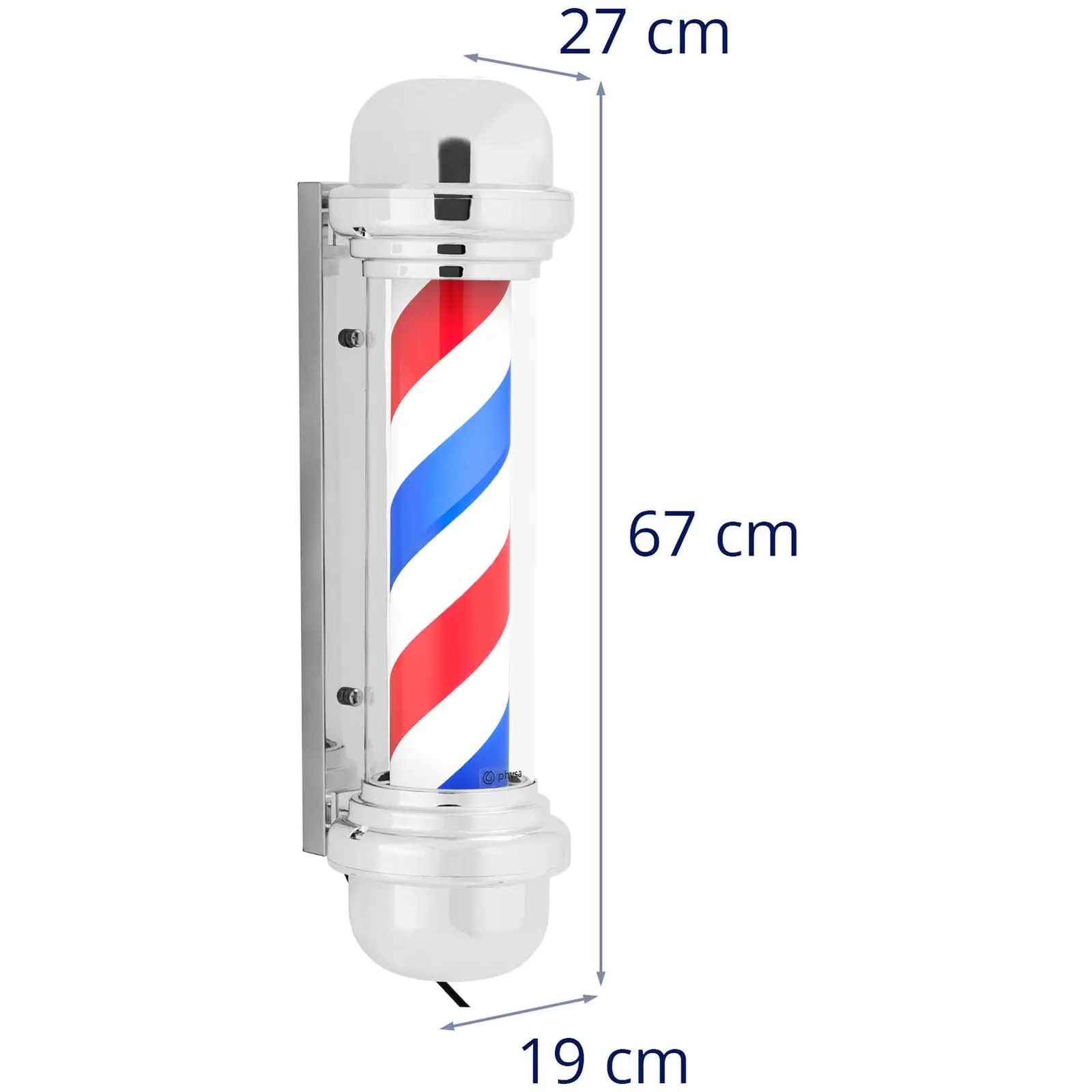 Barber pole - Roterande och upplyst - 380 mm höjd - 25 cm väggavstånd - Silverram