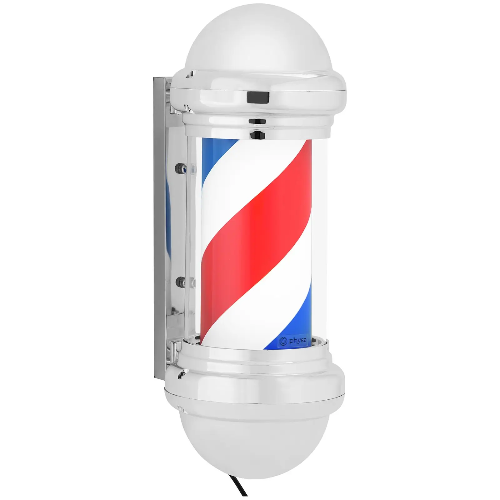 Barber Pole - se rotește și luminează - înălțime 250 mm - 31 cm de la perete - cadru argintiu