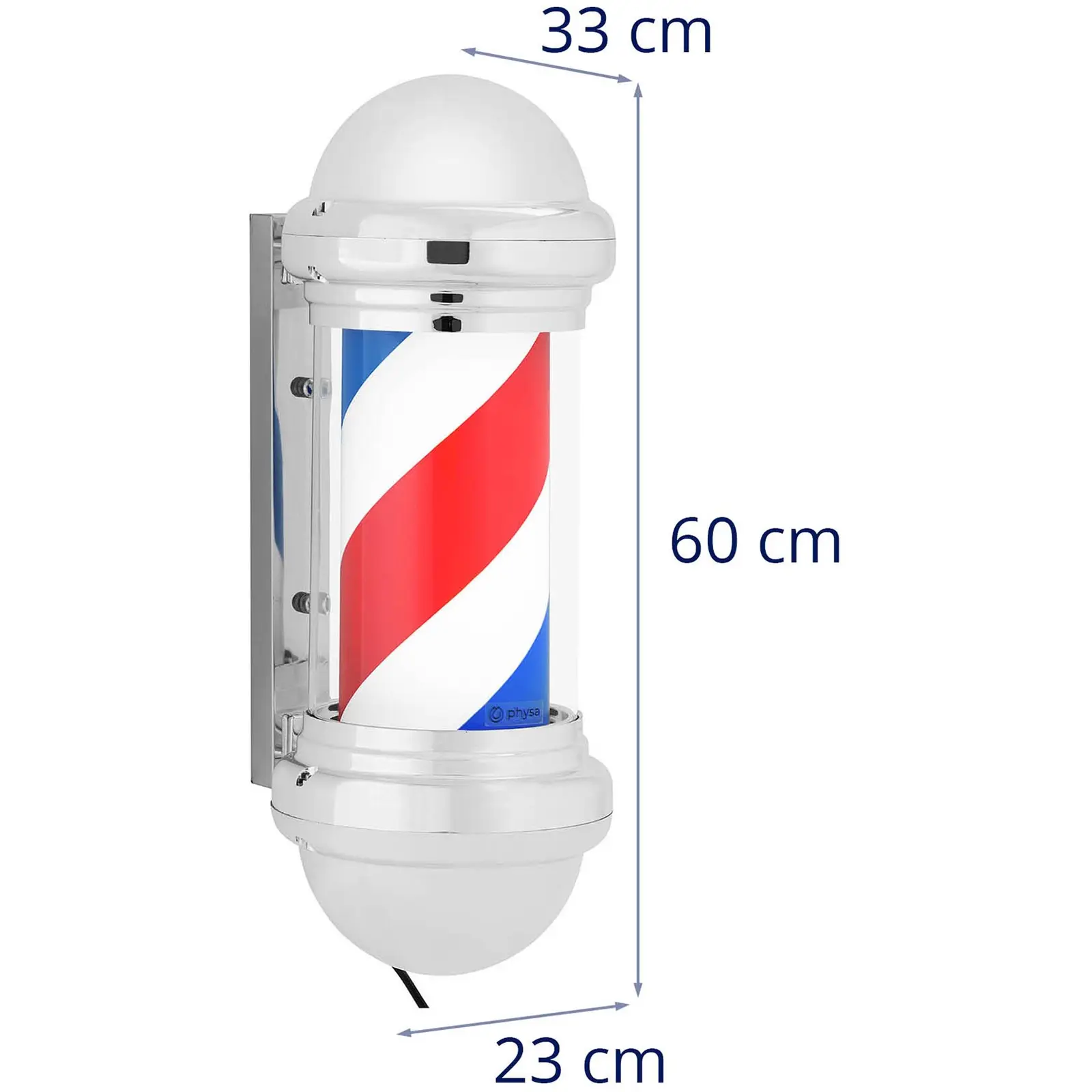 Barber pole - rotační a osvětlená - výška 250 mm - vzdálenost od stěny 31 cm - stříbrný rám