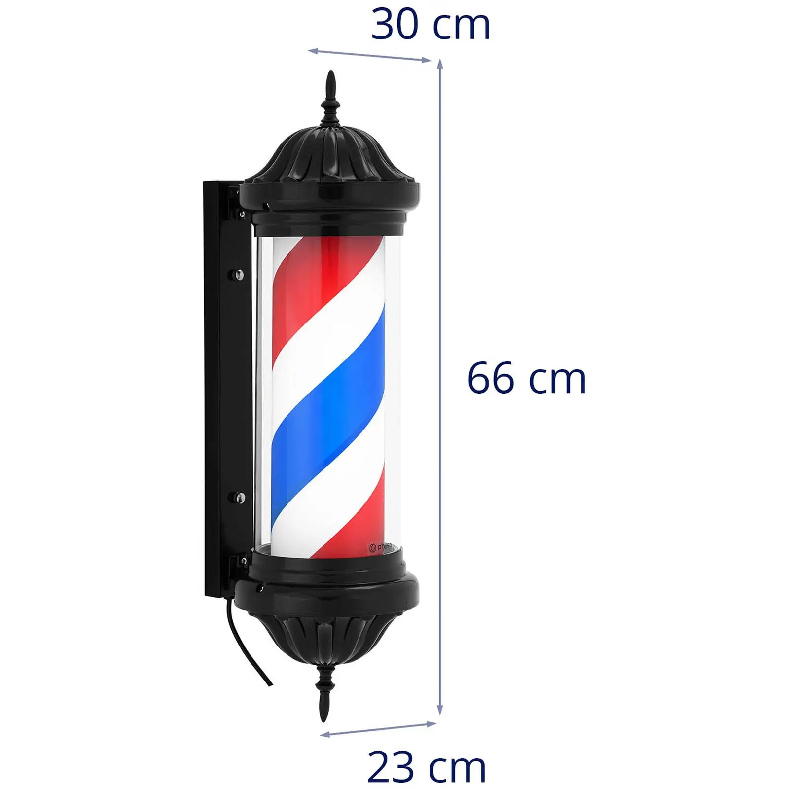 Barber pole - rotační a osvětlená - výška 380 mm - vzdálenost od stěny 31 cm - černý rám (Vysunutí od stěny: 31 cm)