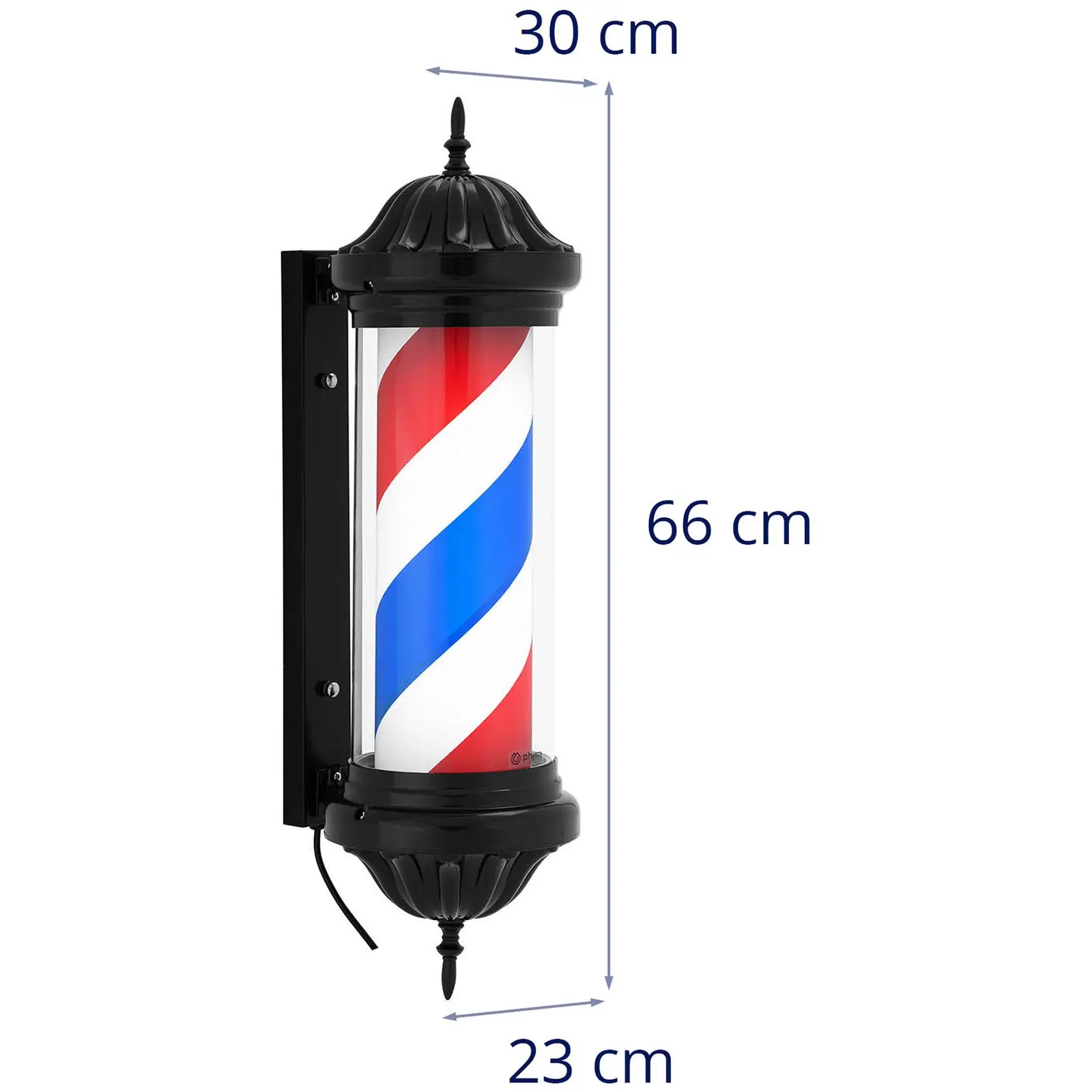 Enseigne de barbier - rotatif et éclairé - 380 mm de hauteur - 31 cm de distance au mur - support noir