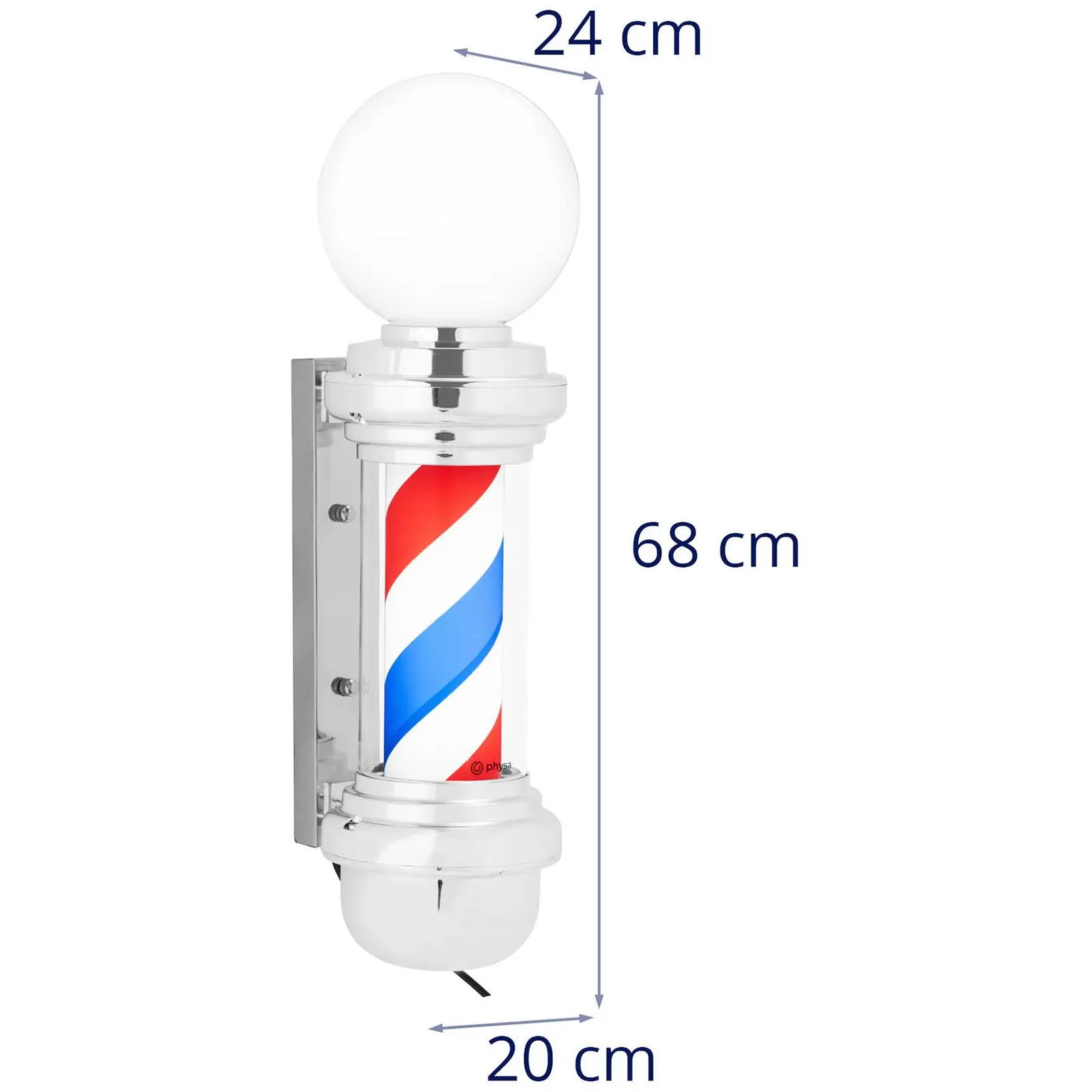 Barberstang - roterer og lyser - 280 mm høyde - 25 cm fra veggen - sølvramme