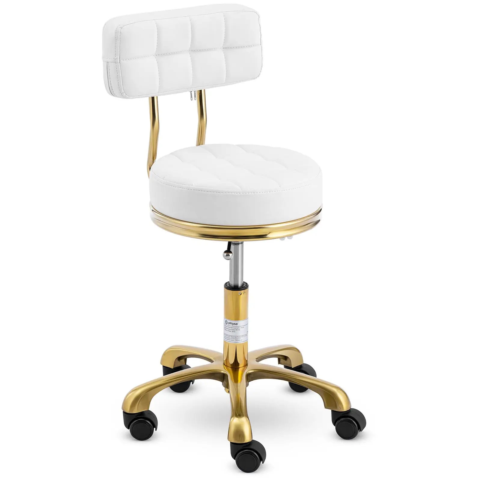 Tabouret à roulette avec dossier - 51 - 66 cm - 150 kg - Blanc /Doré