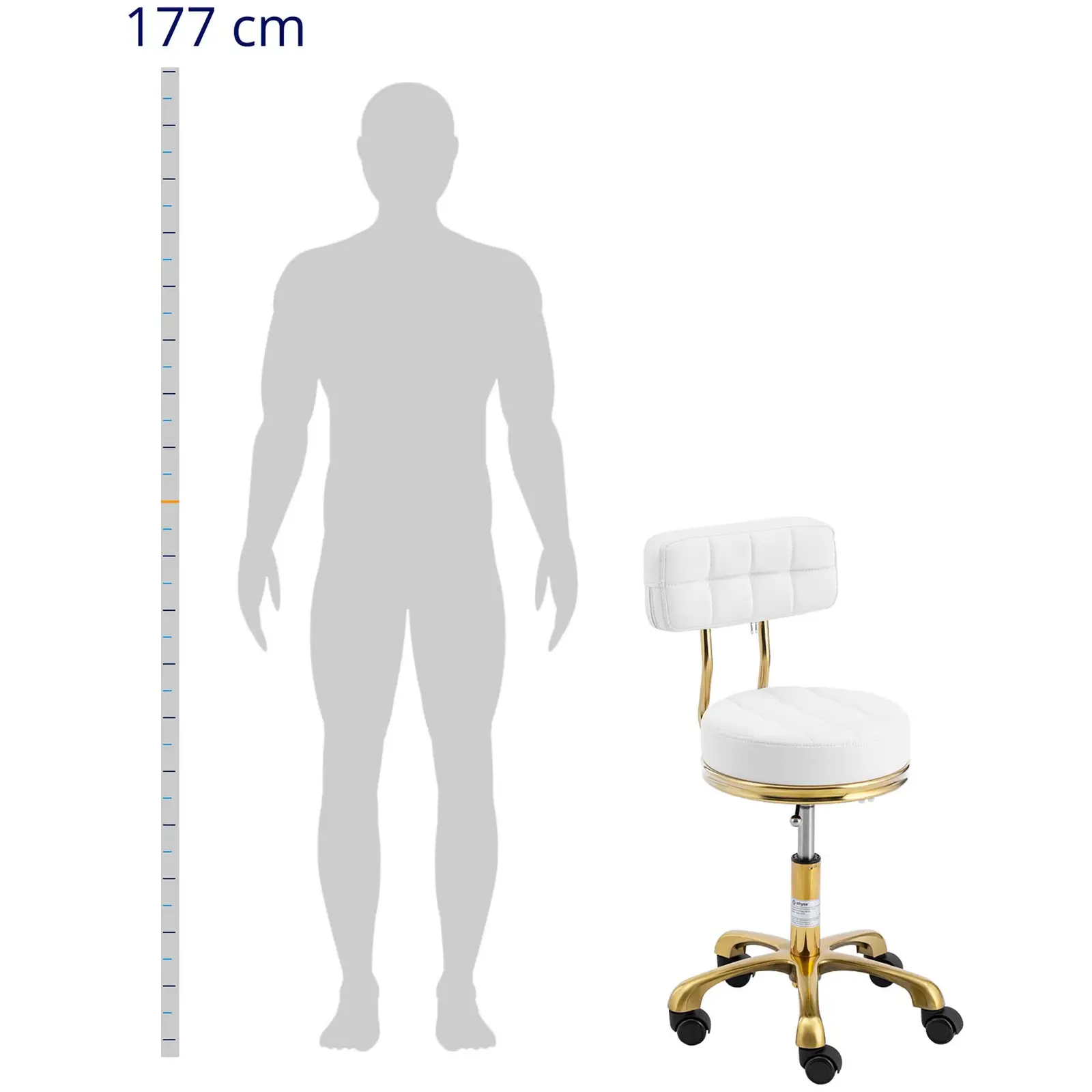 Stolička na kolečkách s opěradlem - 51–66 cm - 150 kg - bílá/zlatá (Opěrný kroužek na nohu: Ne)