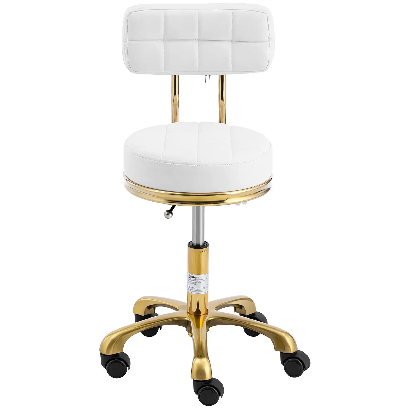 Tabouret à roulette avec dossier - 51 - 66 cm - 150 kg - Blanc /Doré