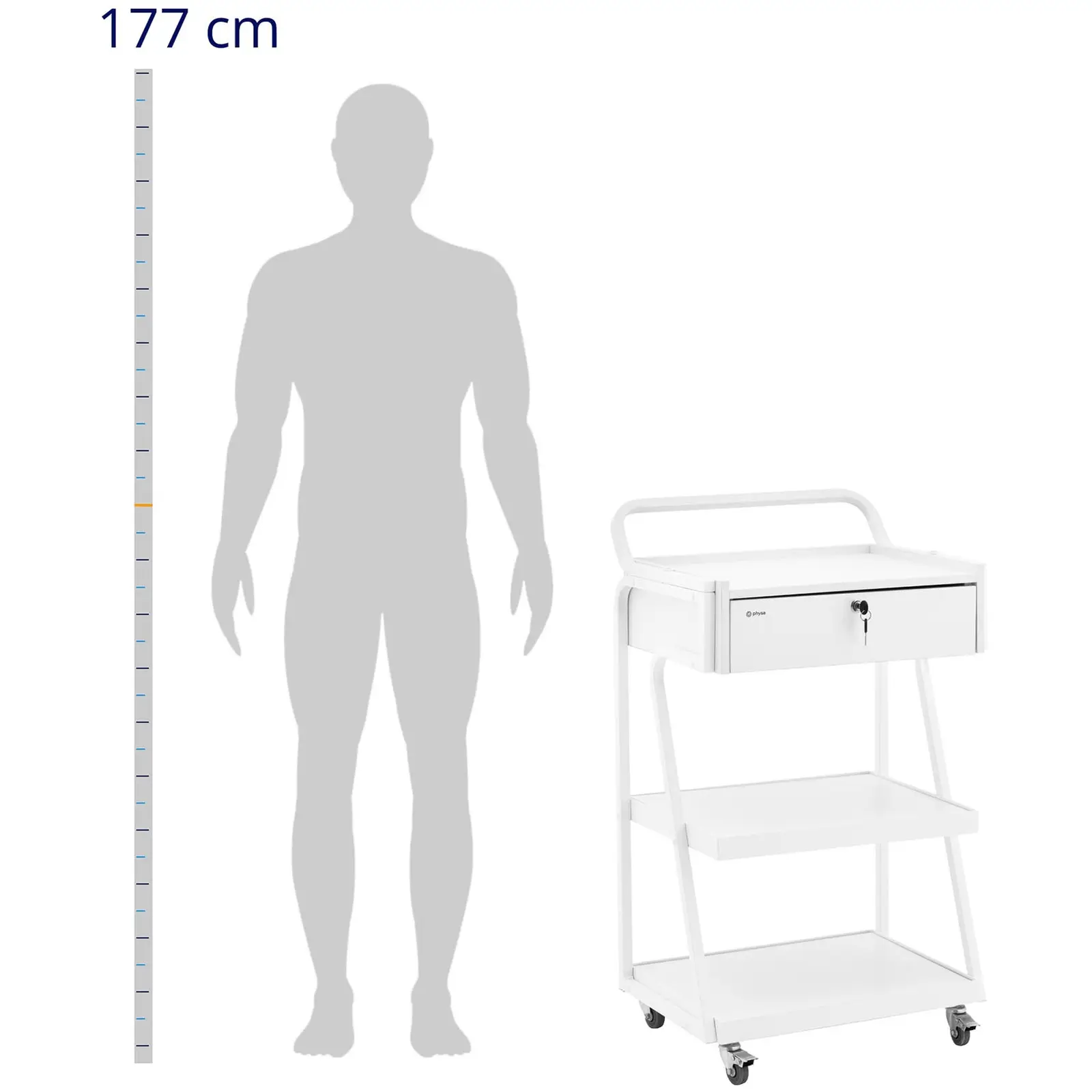 Rullvagn - 1 låsbar låda - 3 hyllor - Max. 80 kg - Vitt