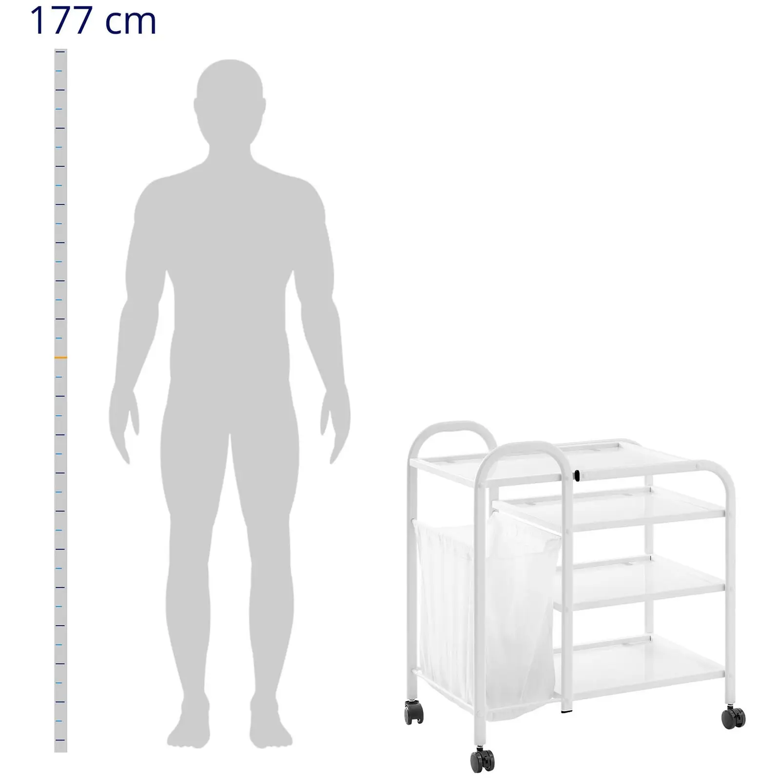 Kosmetologin tarvikevaunu pyykkipussilla 5 l - 4 lasihyllyä