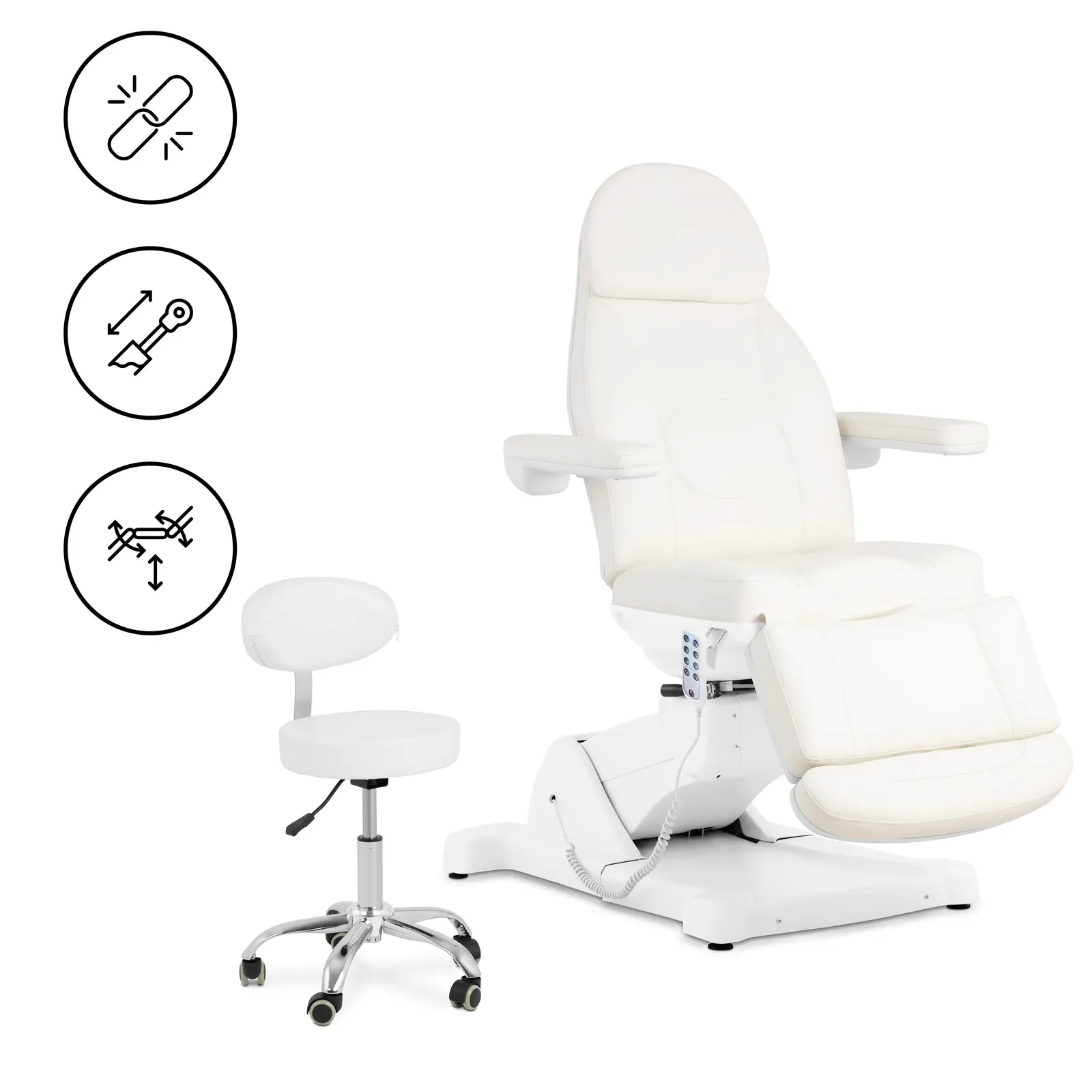 Electric Beauty Bed with Rolling Stool - 3 motors - 300 W - 190 x 55 x 60 - 90 cm - 150 kg - white - Product Image