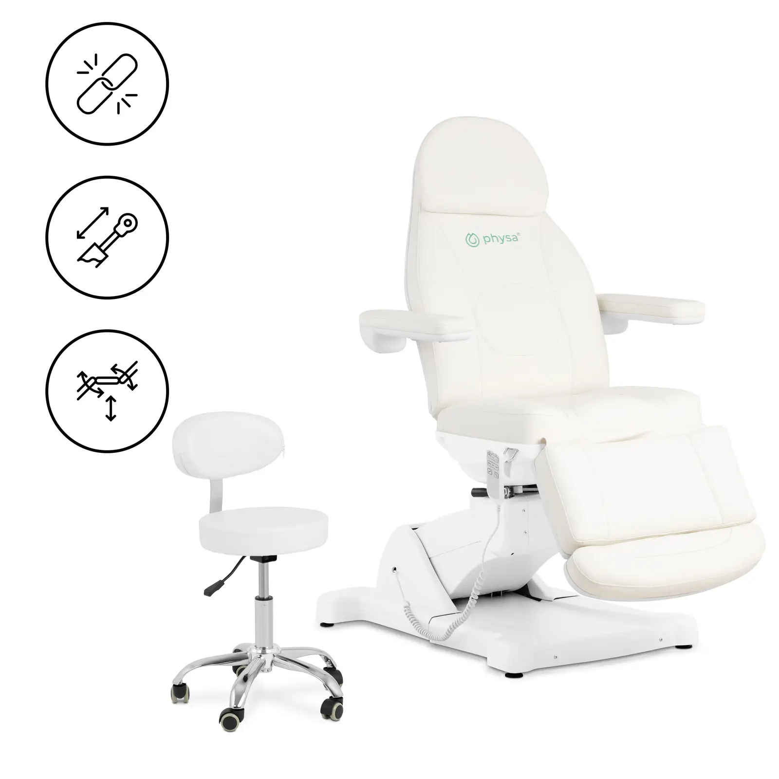Fotel kosmetyczny + krzesło kosmetyczne - 350 W - 150 kg każdy - biały