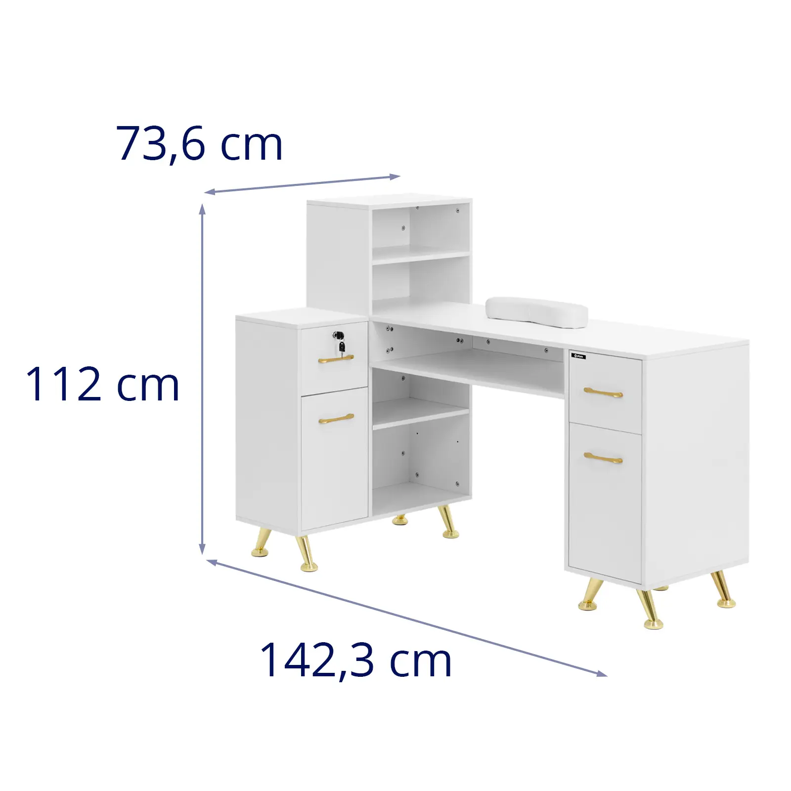 Table de manucure - verrouillable - blanc / doré - 2 tiroirs - repose-mains