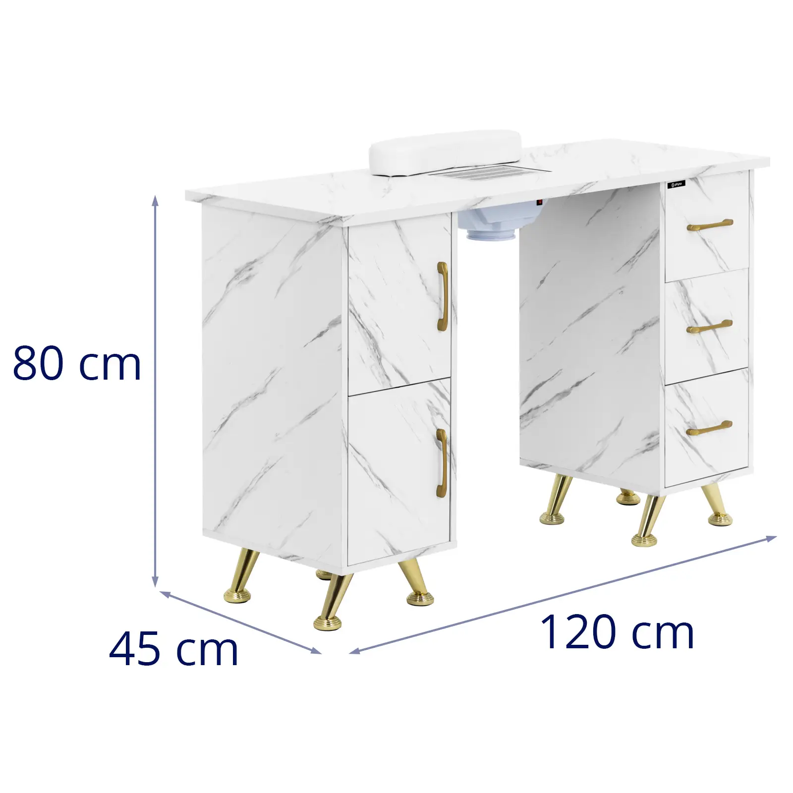 Mesa para manicura - con aspiración - jaspeada / dorada - 3 cajones - reposamanos