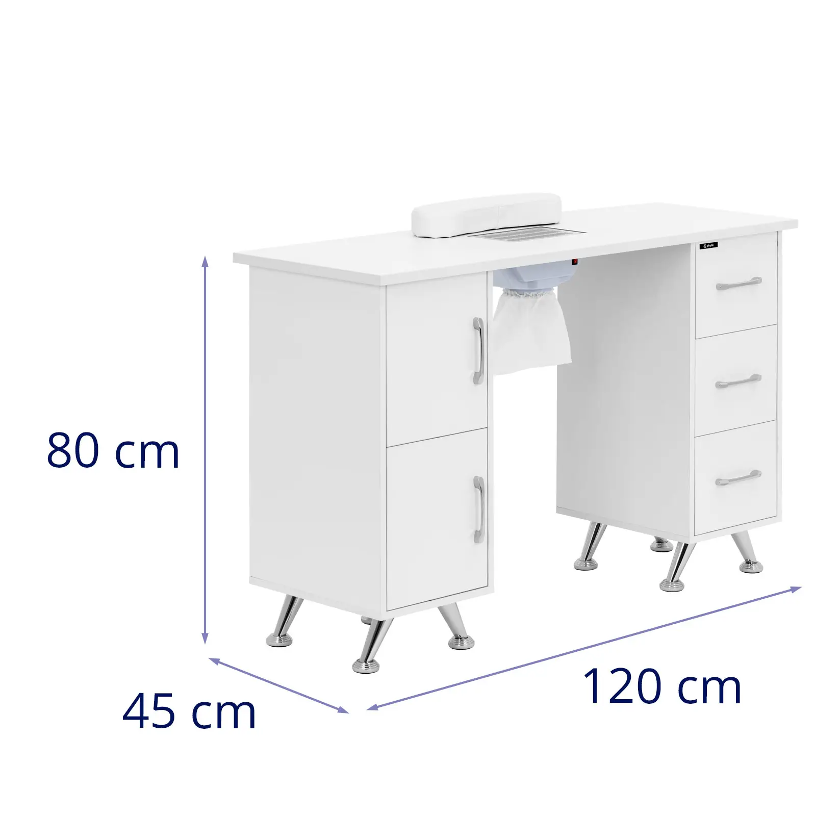 Table de manucure - avec aspiration - blanc / argenté - 3 tiroirs - repose-mains