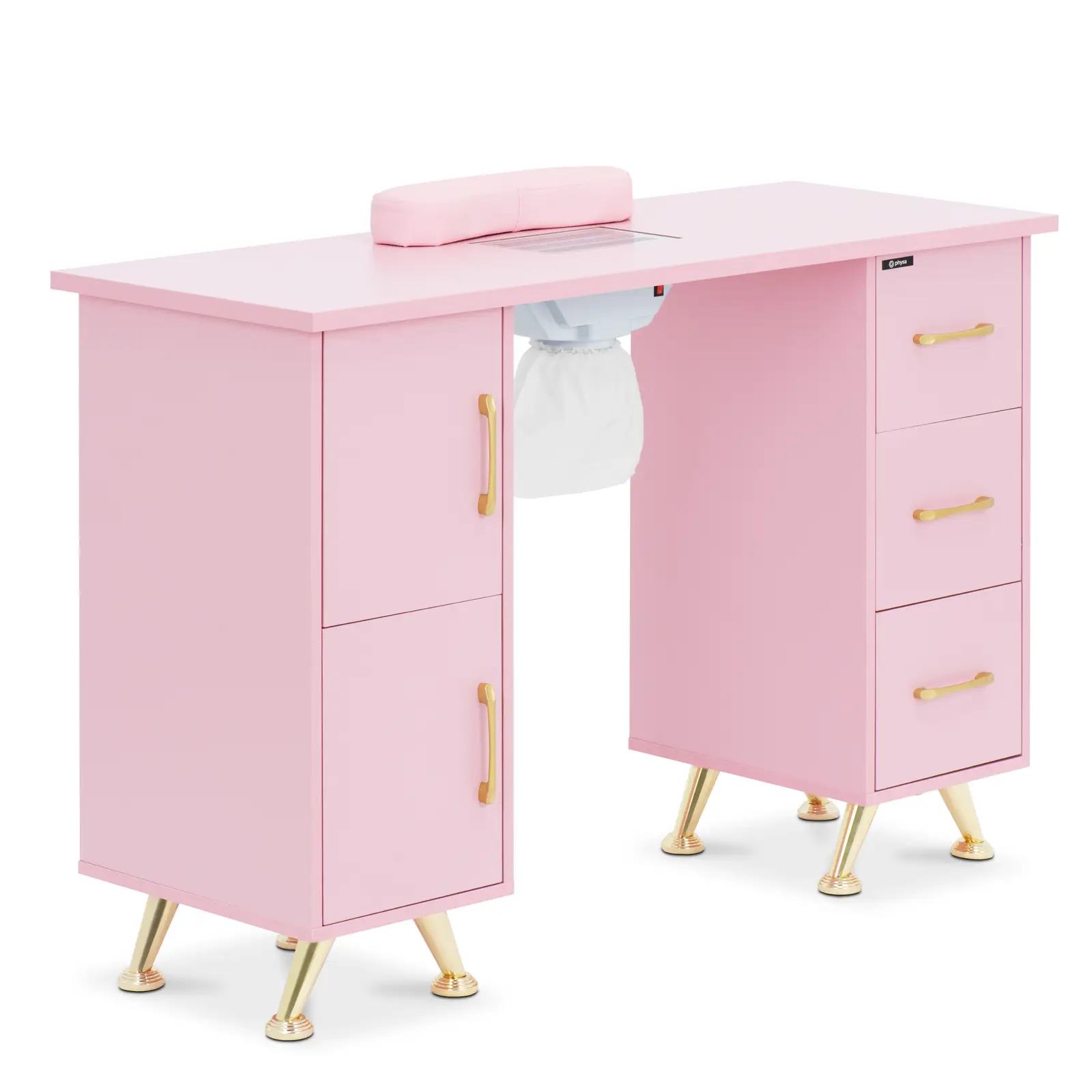 Mesa de manicure - com absorvente - rosa / dourado - 3 gavetas - apoio para as mãos