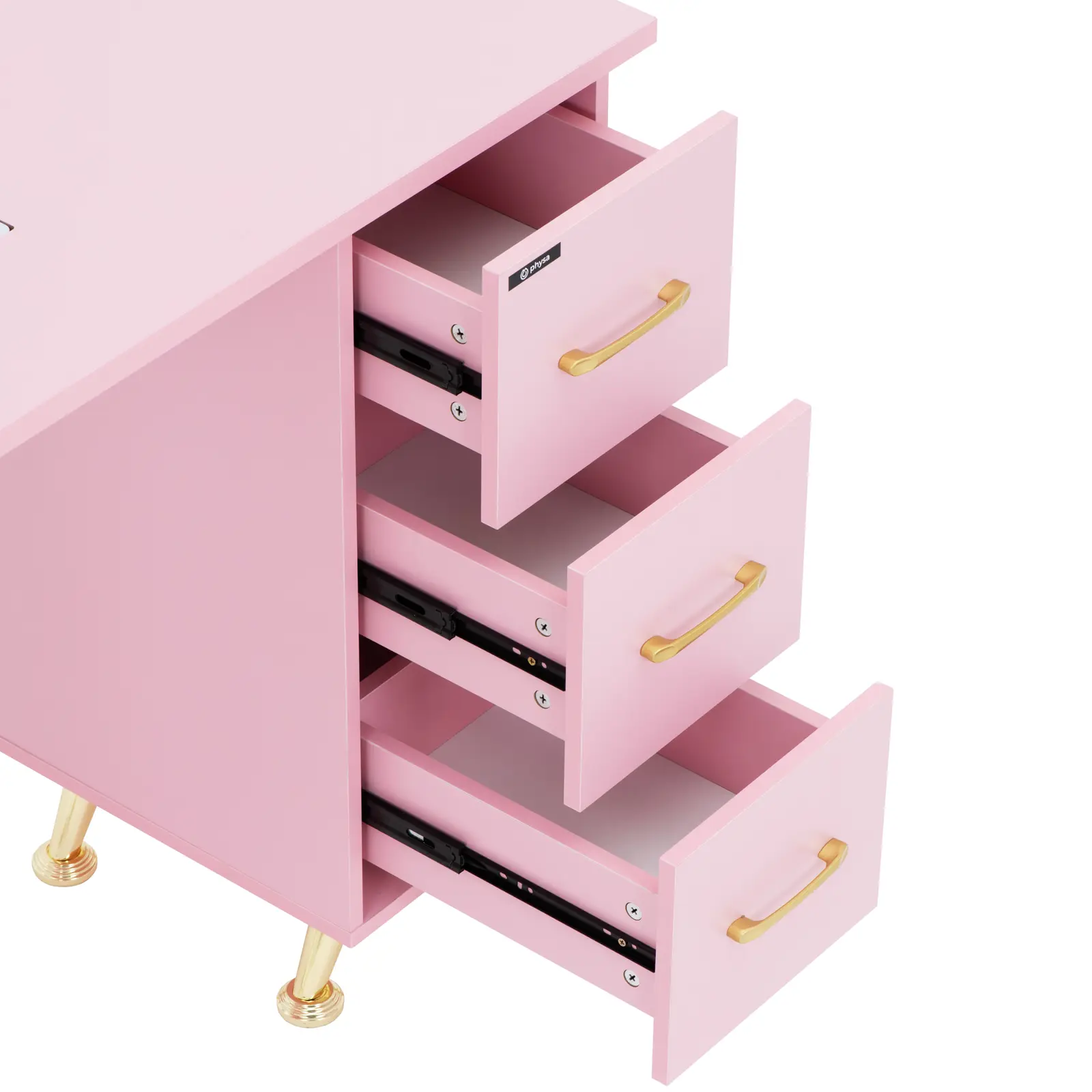 Mesa de manicure - com absorvente - rosa / dourado - 3 gavetas - apoio para as mãos