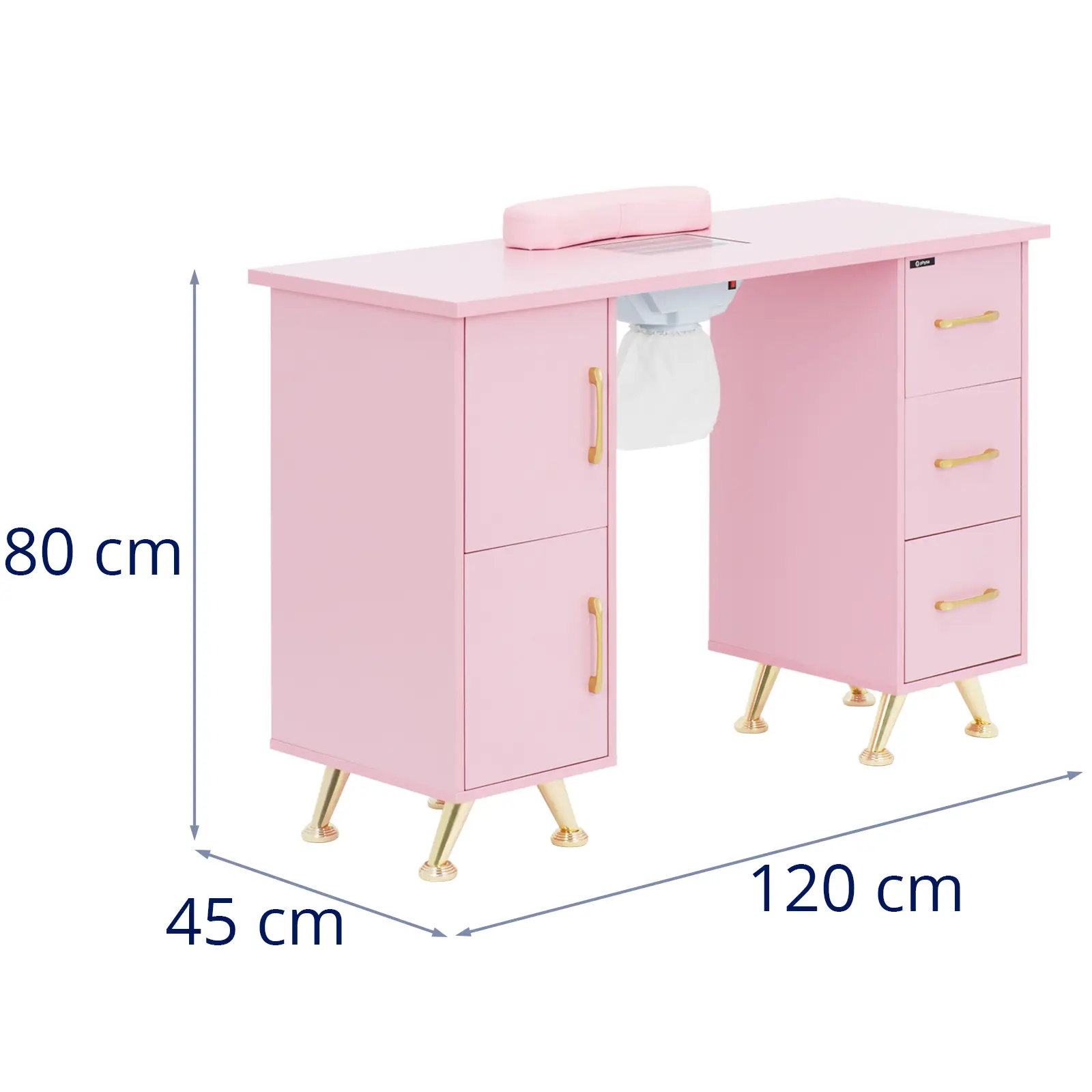 Nail Table - extraction system - pink / golden - 3 drawers - hand rest