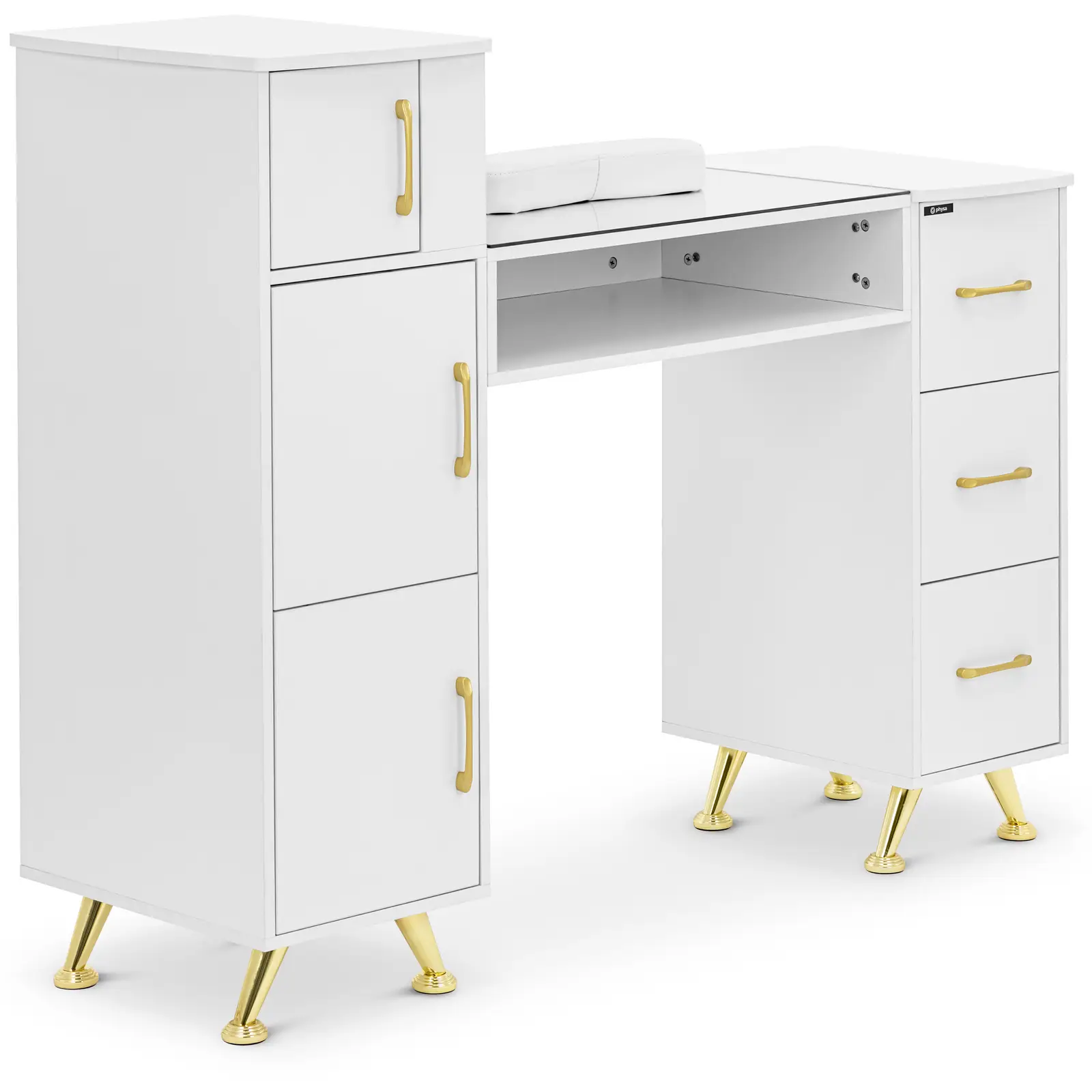 Nail Table - glass top - white / golden - 3 drawers - hand rest
