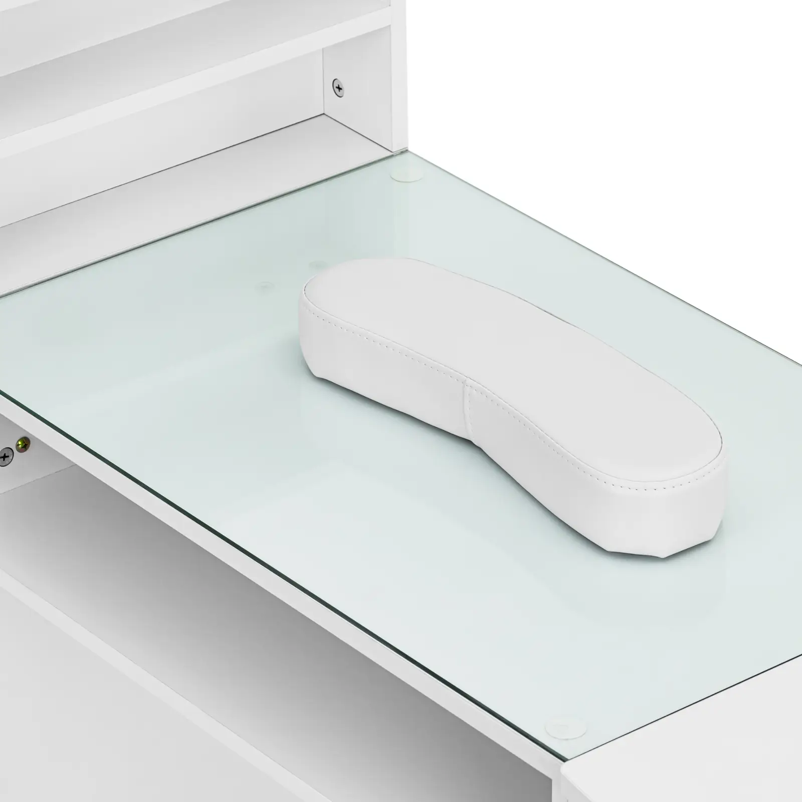 Stůl na manikúru - skleněná deska - bílá / zlatá - 3 zásuvky - opěrka rukou (Ventilátor: Ne)