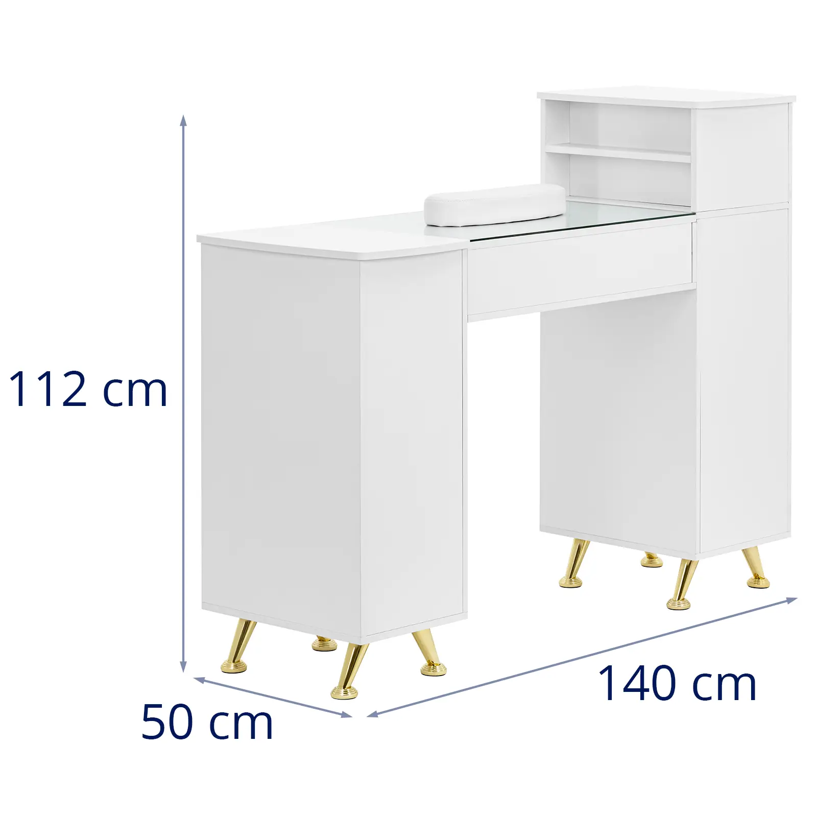 Nageltisch - Glasplatte - Weiß / Golden - 3 Schubladen - Handablage