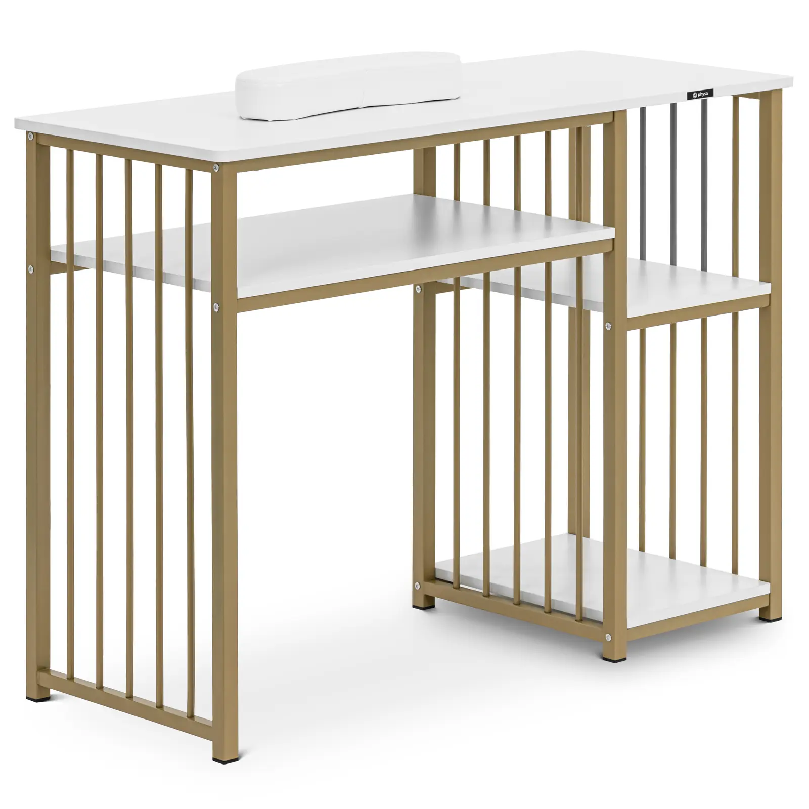 Table de manucure - cadre en fer - blanc / doré - 3 étagères - repose-mains