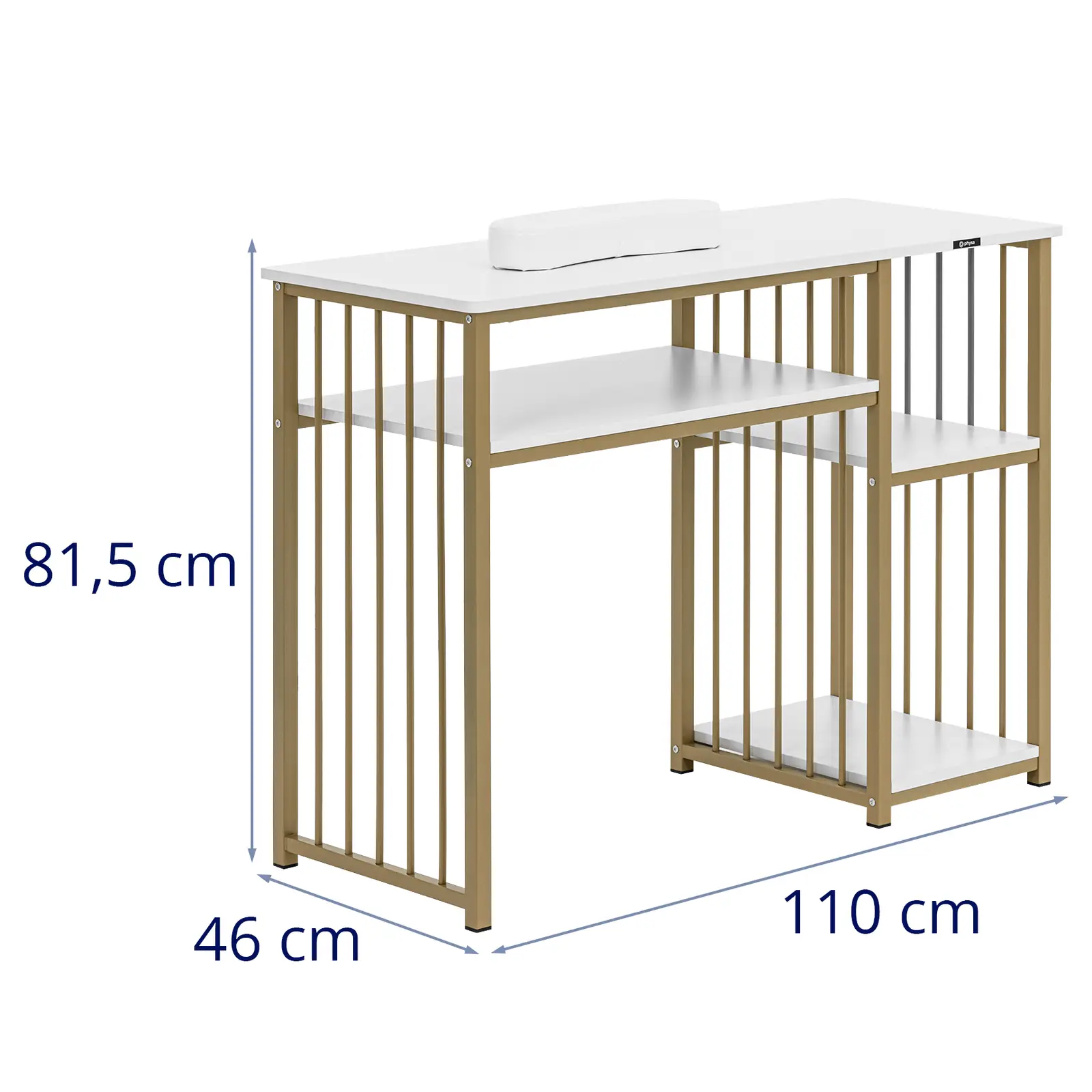 Mesa para manicura - estructura de hierro - blanco/dorado - 3 estantes - reposamanos