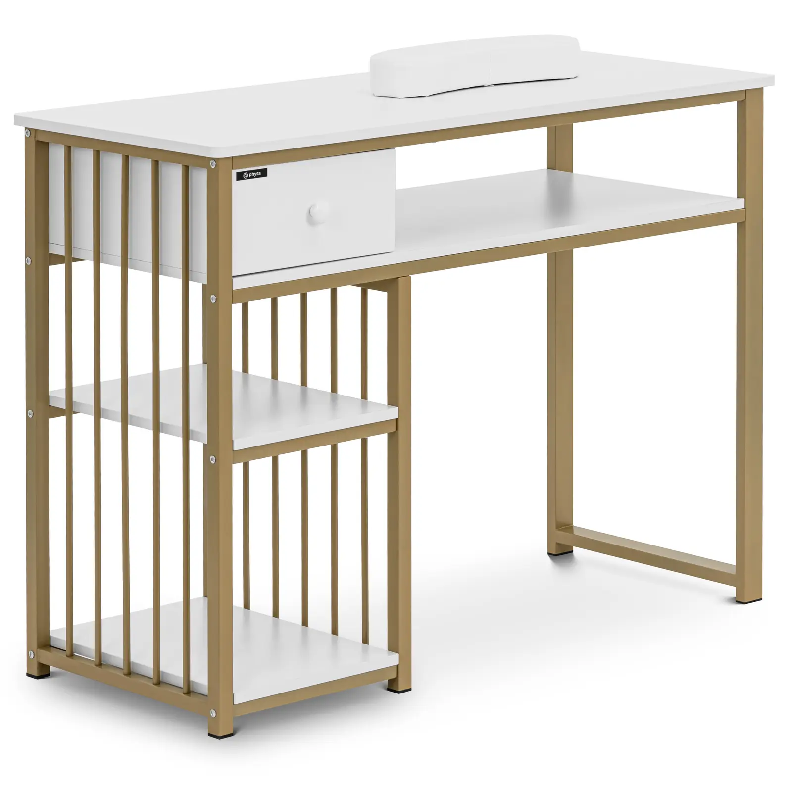Mesa para manicura - estructura de hierro - blanco/dorado - cajón - reposamanos