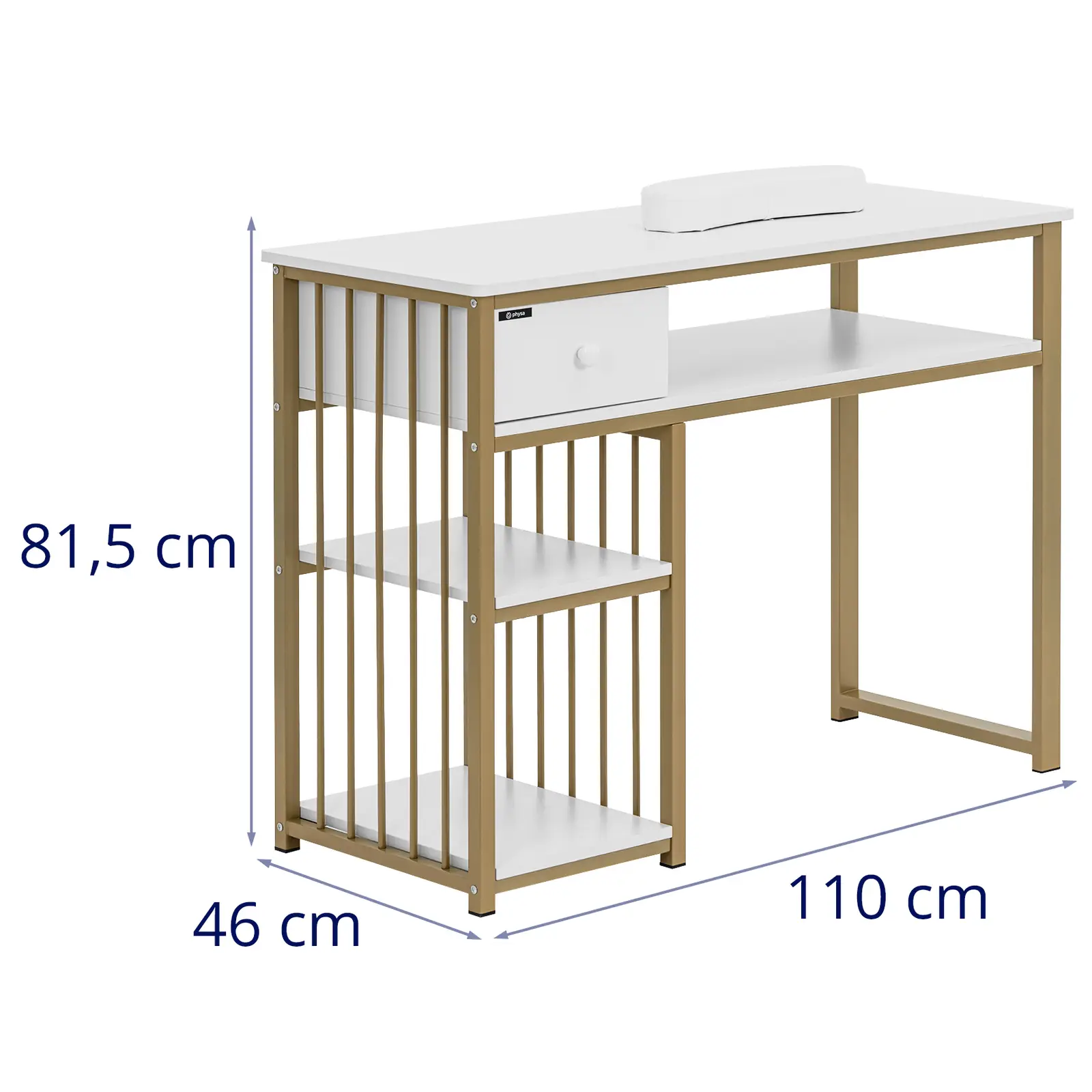 Mesa para manicura - estructura de hierro - blanco/dorado - cajón - reposamanos