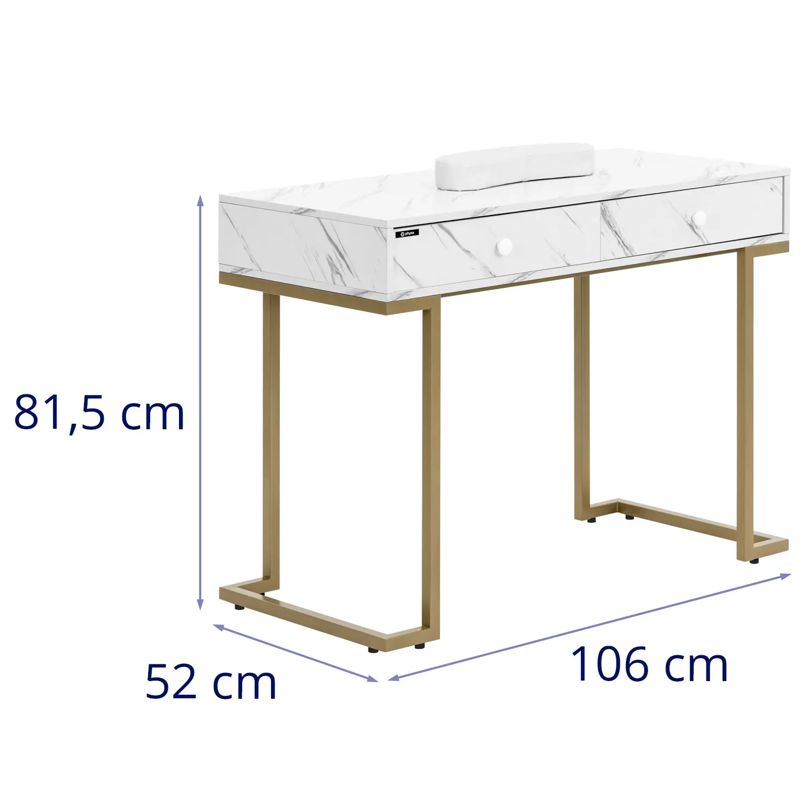 Mesa para manicura - estructura de hierro - jaspeada/dorada - 2 cajones - reposamanos