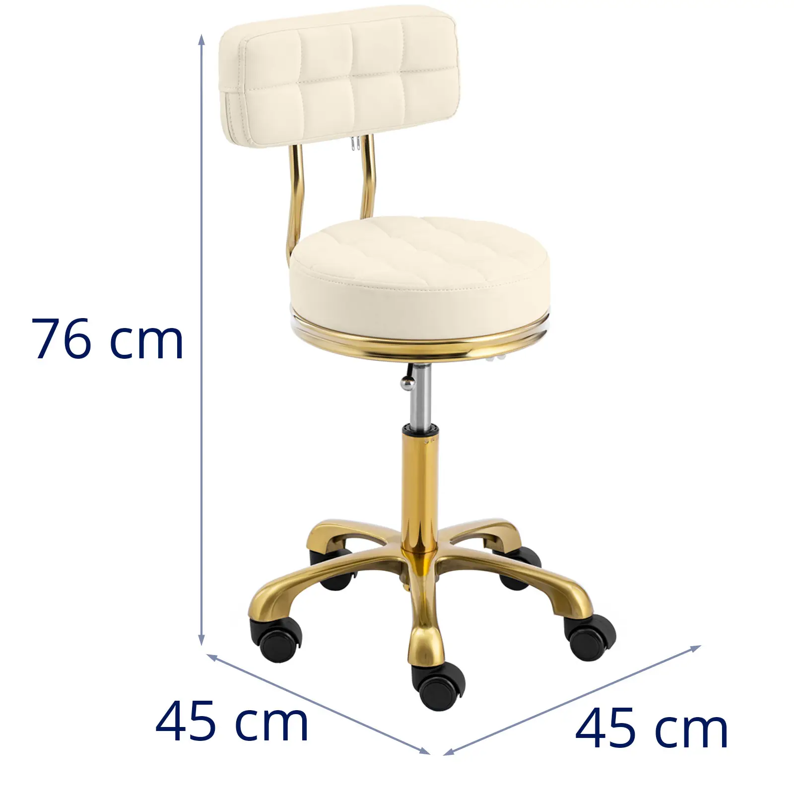 Taburete con ruedas y respaldo - 51 - 66 cm - 150 kg - beis/dorado