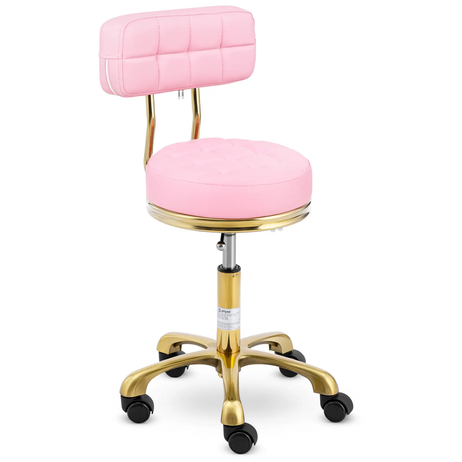 Tabouret à roulettes - avec dossier - 51 - 66 cm - 150 kg - rose pâle/doré