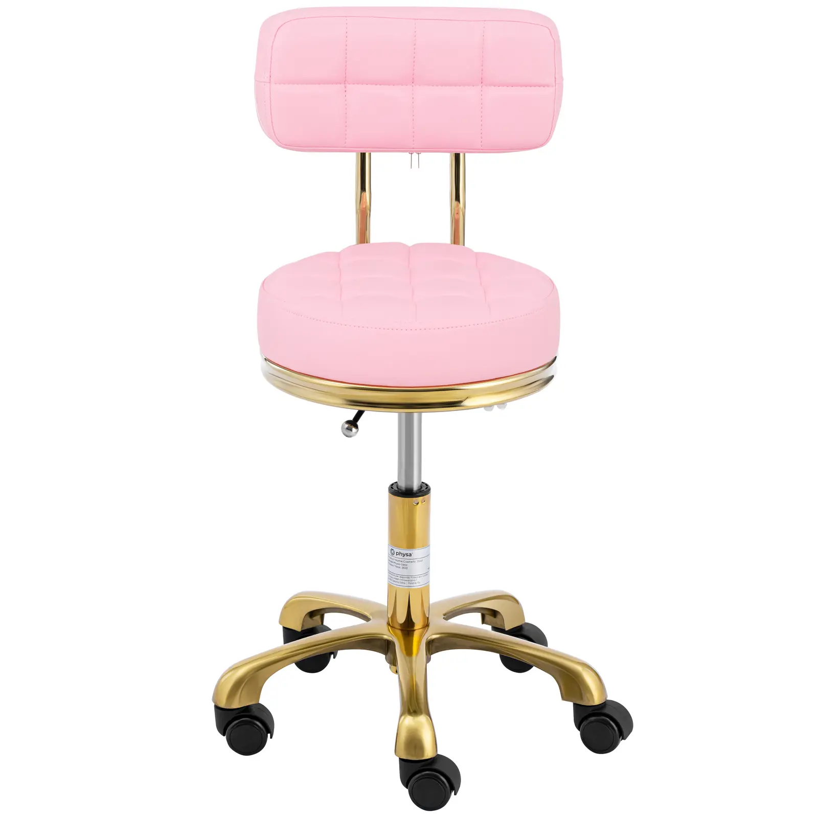 Tabouret à roulettes - avec dossier - 51 - 66 cm - 150 kg - rose pâle/doré (Hauteur min. siège(s): 48 cm)
