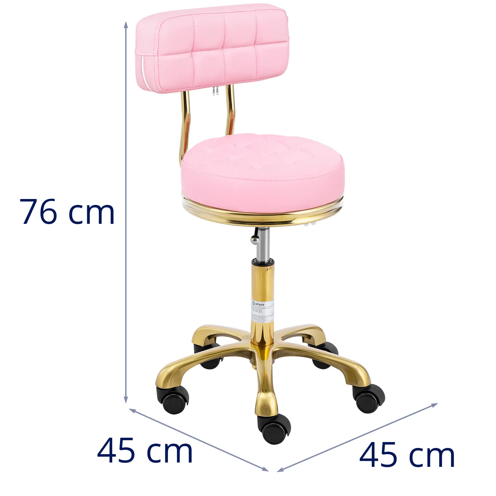 Tabouret à roulettes - avec dossier - 51 - 66 cm - 150 kg - rose pâle/doré (Siège pivotant sur 360°: Oui)