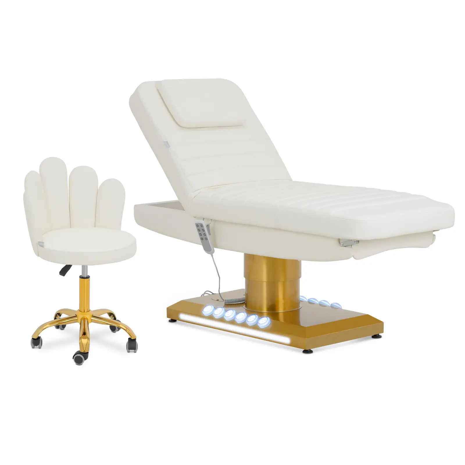 Kosmetické lehátko elektrické a otočná židle s opěradlem - 300 W - 188 x 70 x 59 - 80 cm - 200 kg - bílá/zlatá - vyhřívané