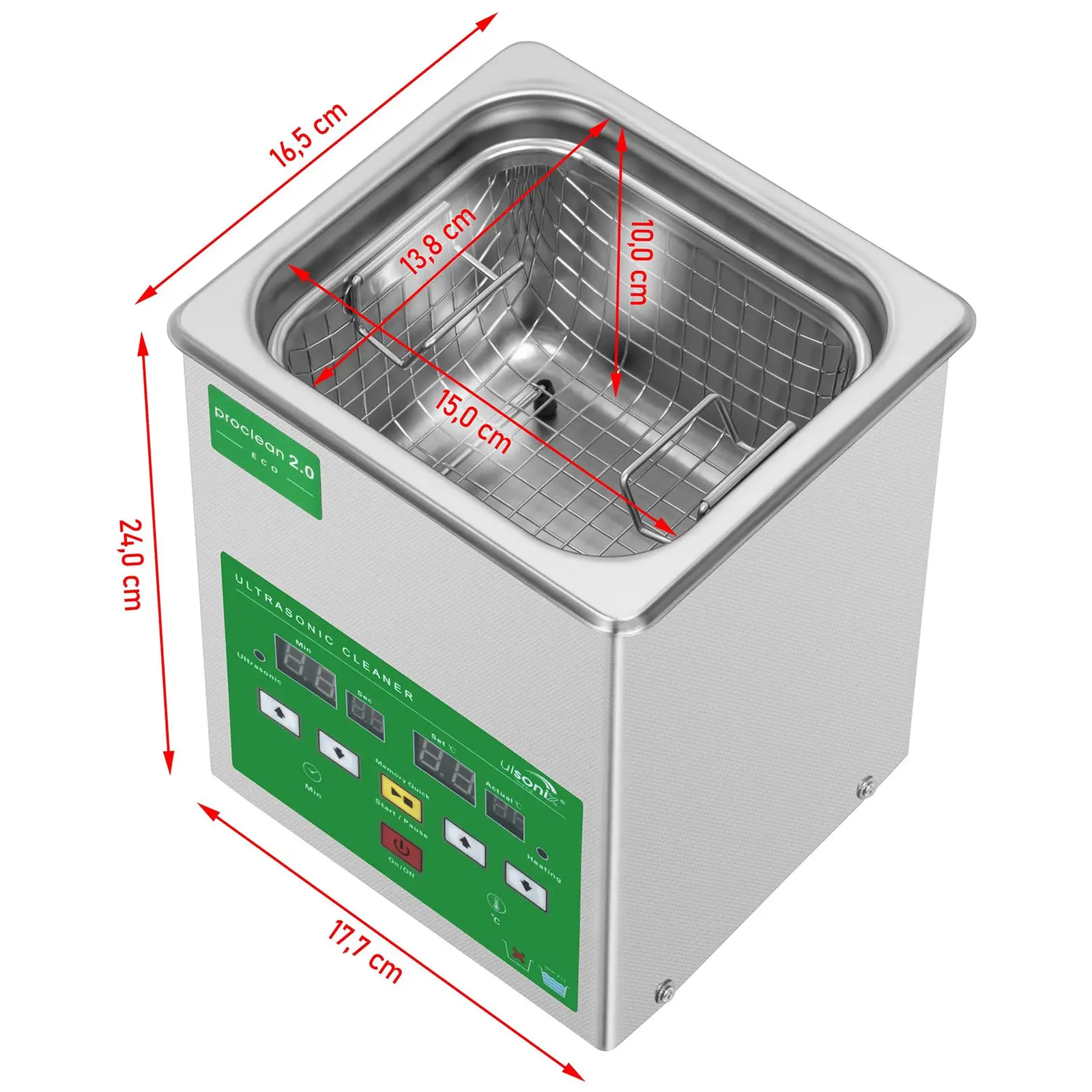Ultrazvuková čistička - 2 l - 40 kHz - 60 W - Memory (Držadla: Ne)
