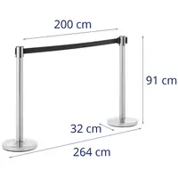 2 postes de barrera con cinta - 200 cm - acero inoxidable pulido