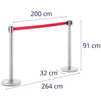 2 postes de barrera con cinta - 200 cm - acero inoxidable cepillado