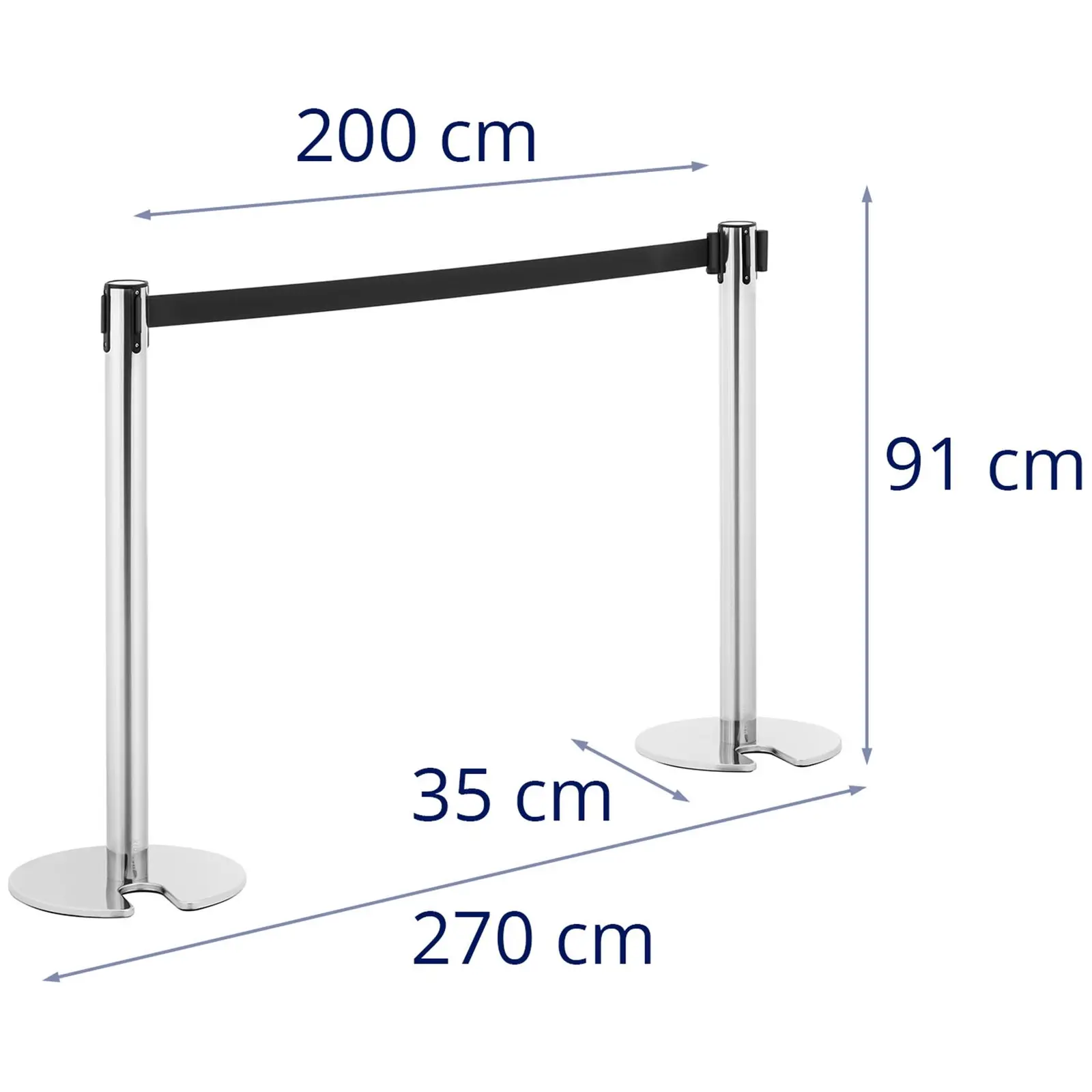 2 postes separadores com fita adesiva - 200 cm - aço inoxidável - base com rebaixo