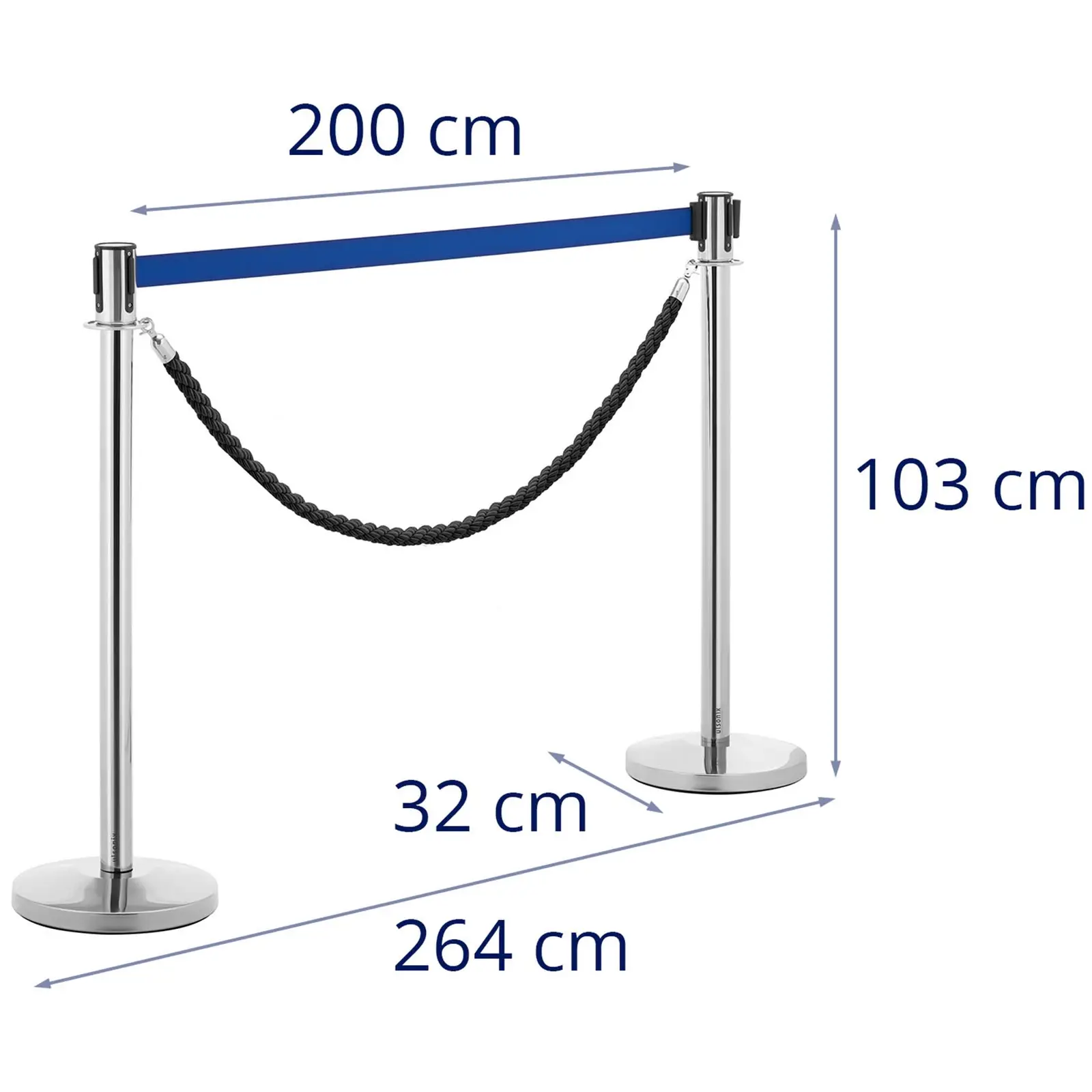 2 vymezovací sloupky s pásem a šňůrou - 200 cm - leštěná ušlechtilá ocel