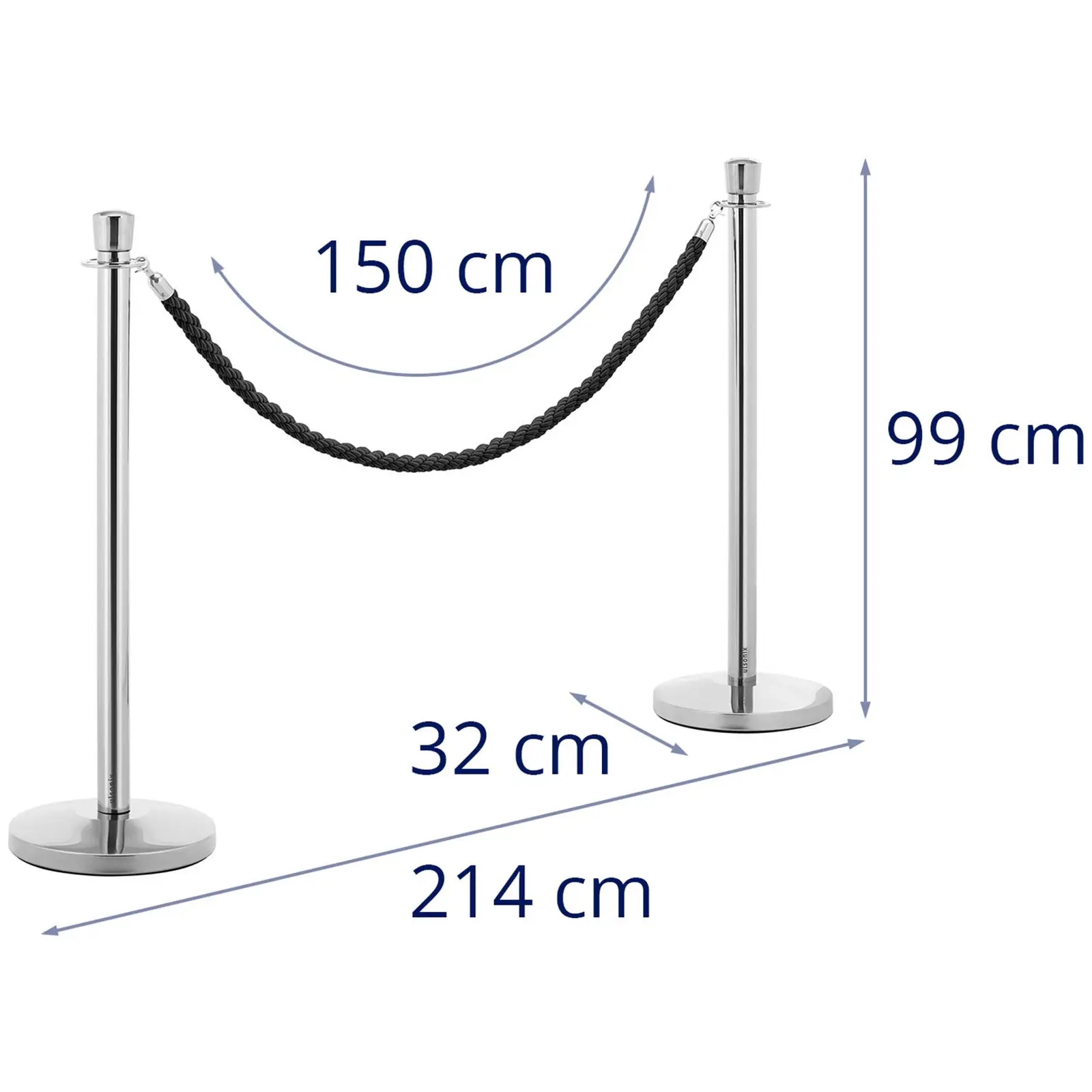 2 postes para barrera con cordón - 200 cm - acero inoxidable pulido