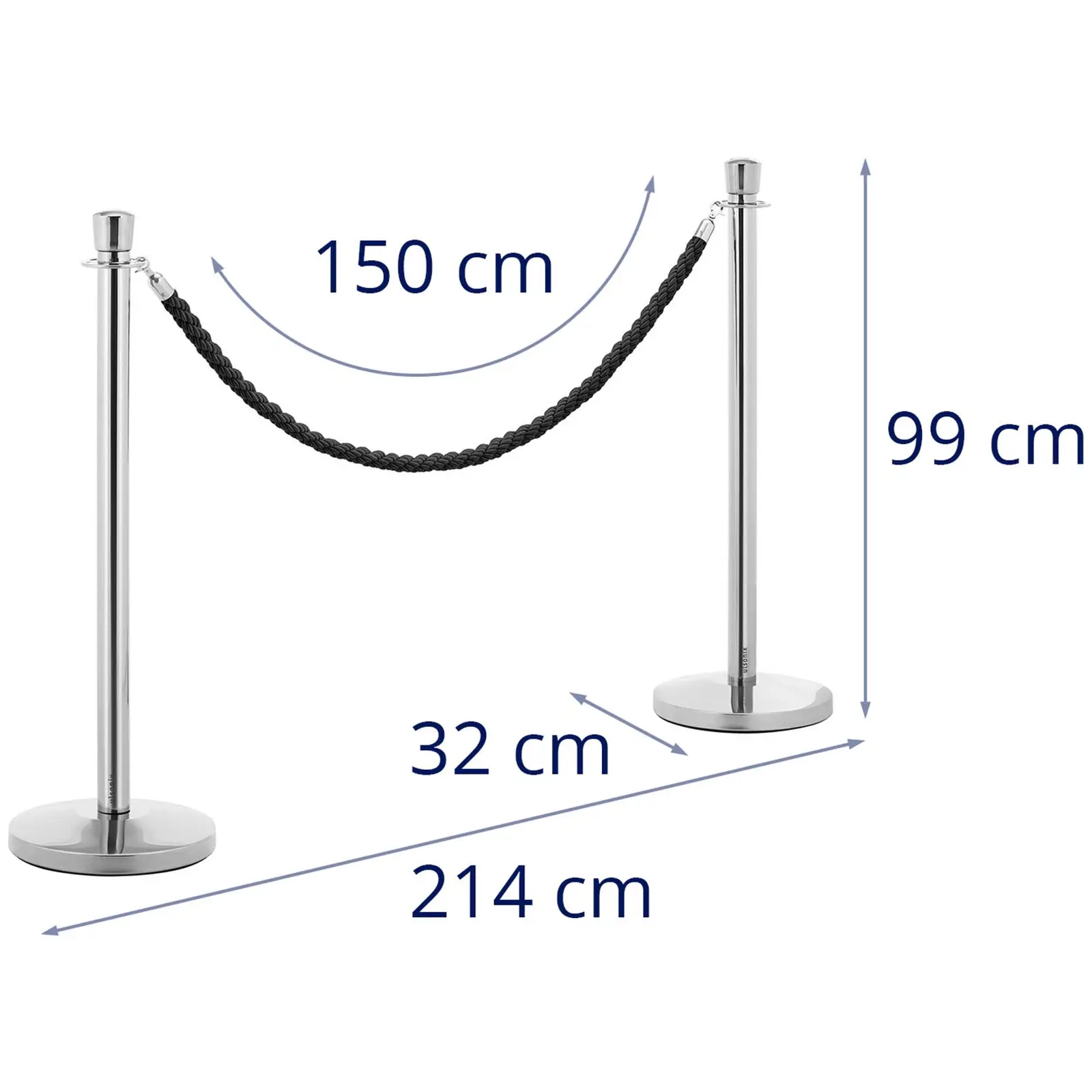 2 Barriärstolpar med barriärrep - 150 cm - polerat rostfritt stål (Färg: Silver)