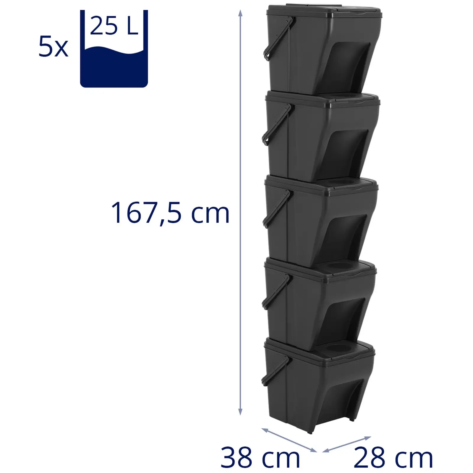 Cubo de basura para reciclaje - 5 x 25 L - apilable (Medidas (l. x an. x al.): 38 x 27.5 x 33.5 cm)