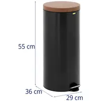 Pedaalemmer met houten deksel - 30 l - zwart - gecoat staal