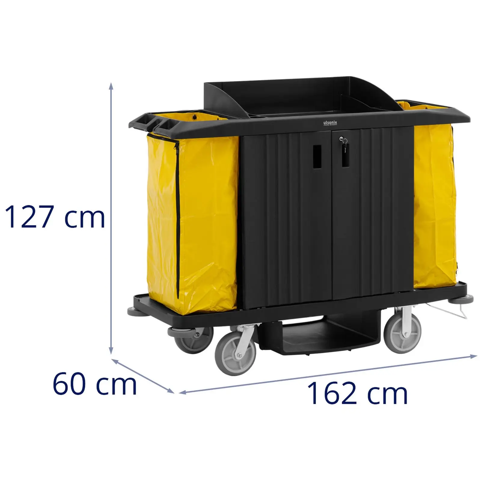 Úklidový vozík - uzamykatelný - 250 kg - 4 police - 2 nylonové vaky (Zatížení horní police: 50 kg)